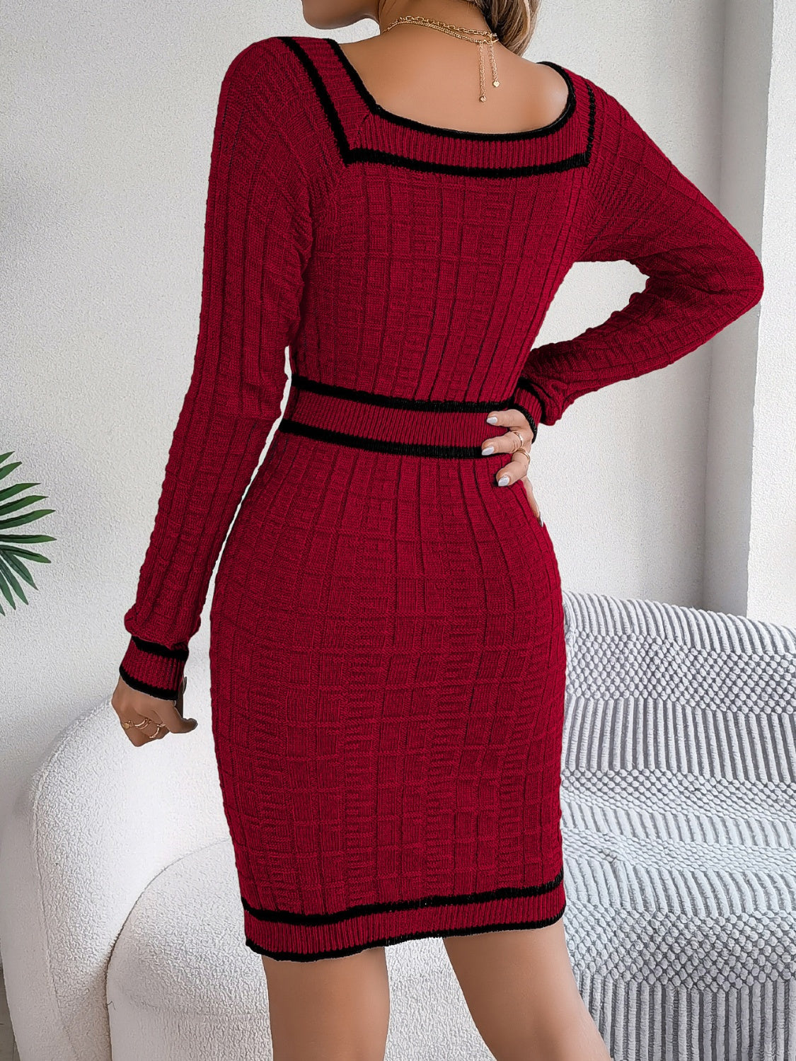 Contrast Trim Long Sleeve Sweater Dress - Charming Charlie
