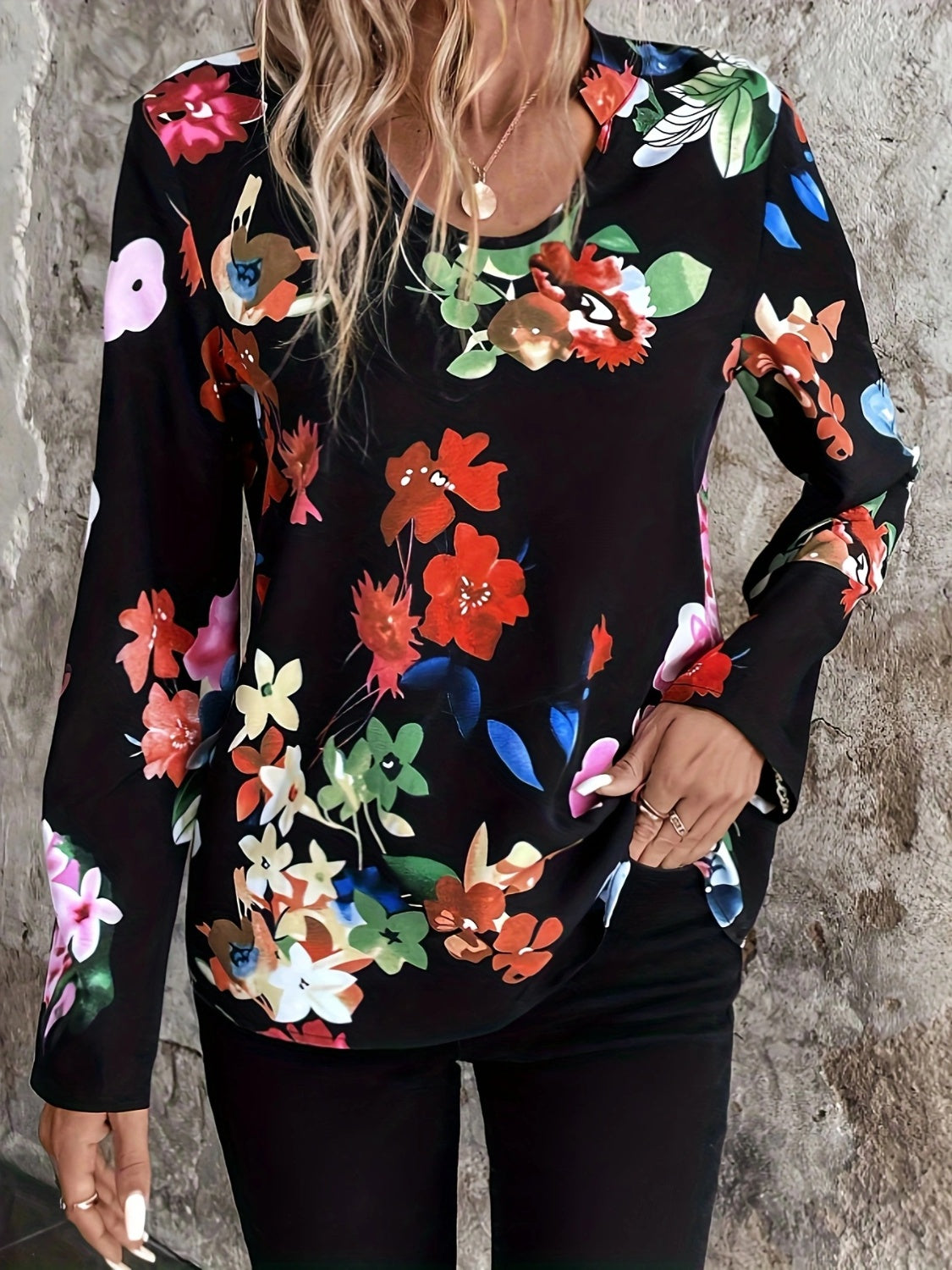 Printed Notched Long Sleeve Blouse - Charming Charlie