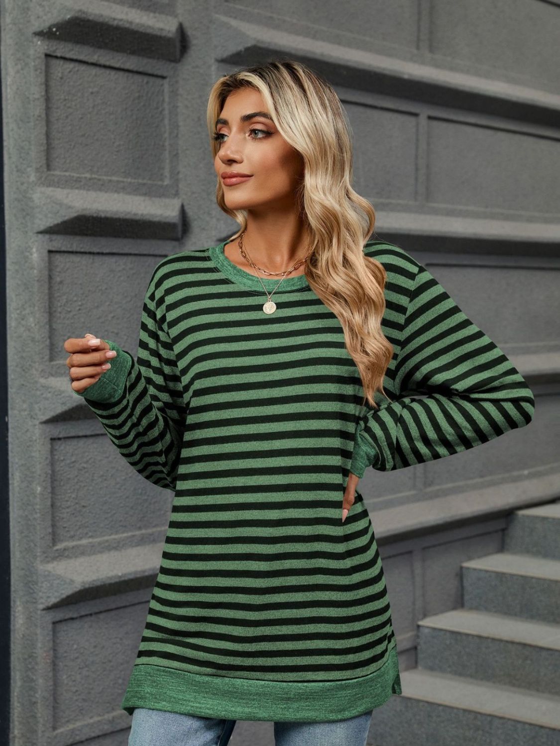 Striped Round Neck Long Sleeve T-Shirt - Charming Charlie