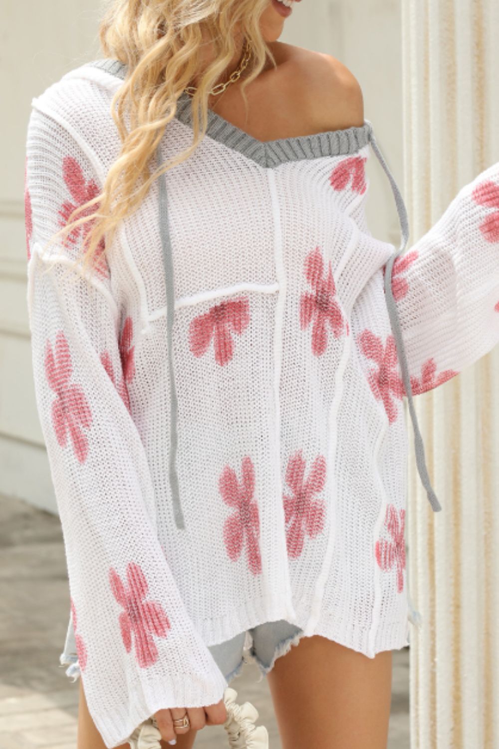 Drawstring Flower Hooded Knit Top - Charming Charlie