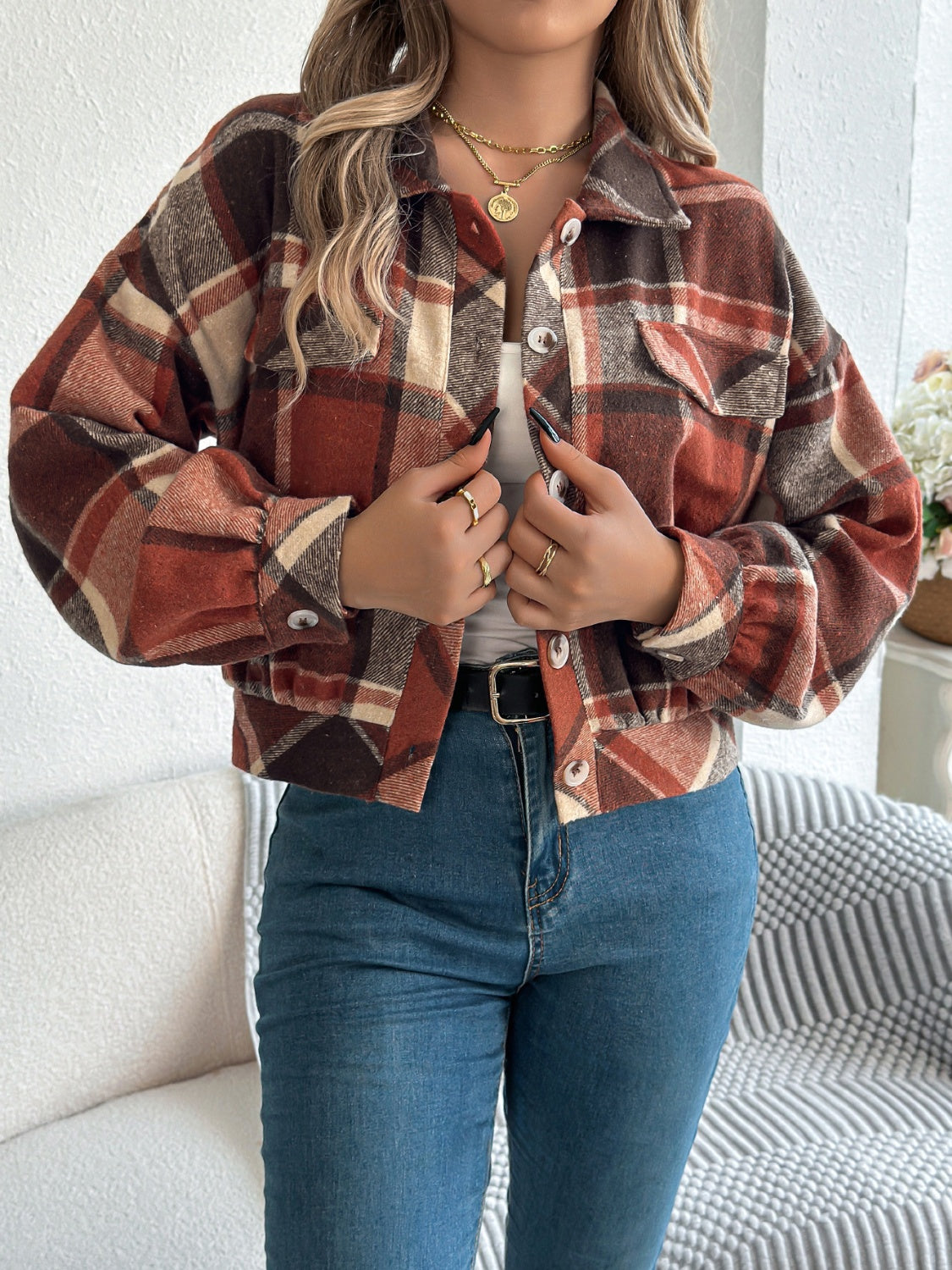 Plaid Button Up Long Sleeve Jacket - Charming Charlie