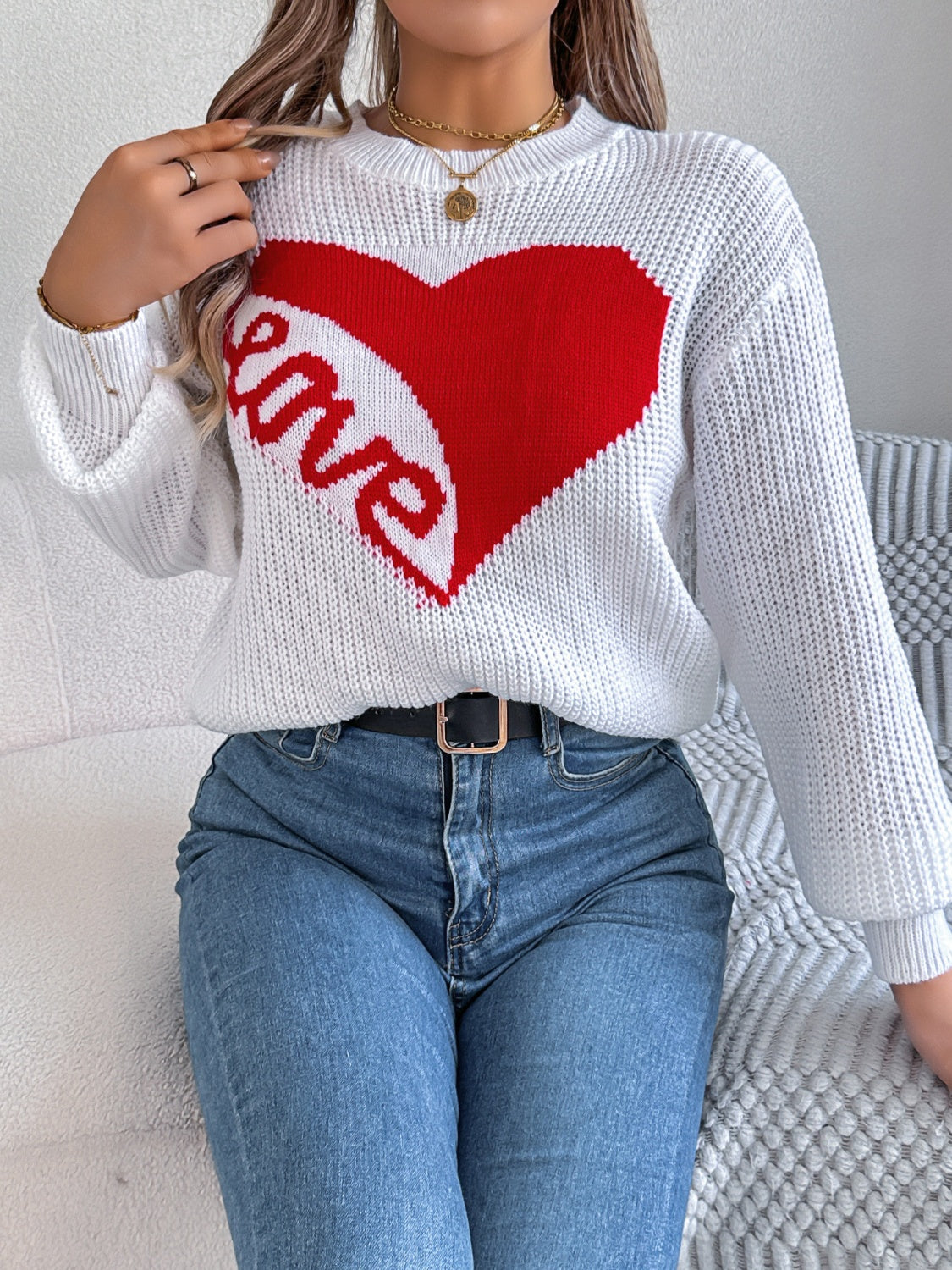 LOVE Heart Round Neck Dropped Shoulder Sweater - Charming Charlie