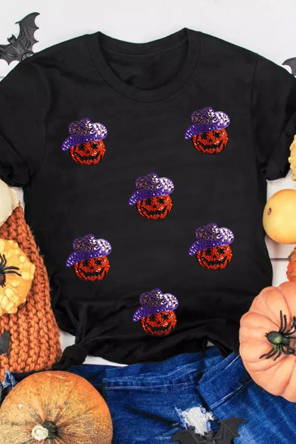 Sequin Pumpkin Round Neck Short Sleeve T-Shirt - Charming Charlie