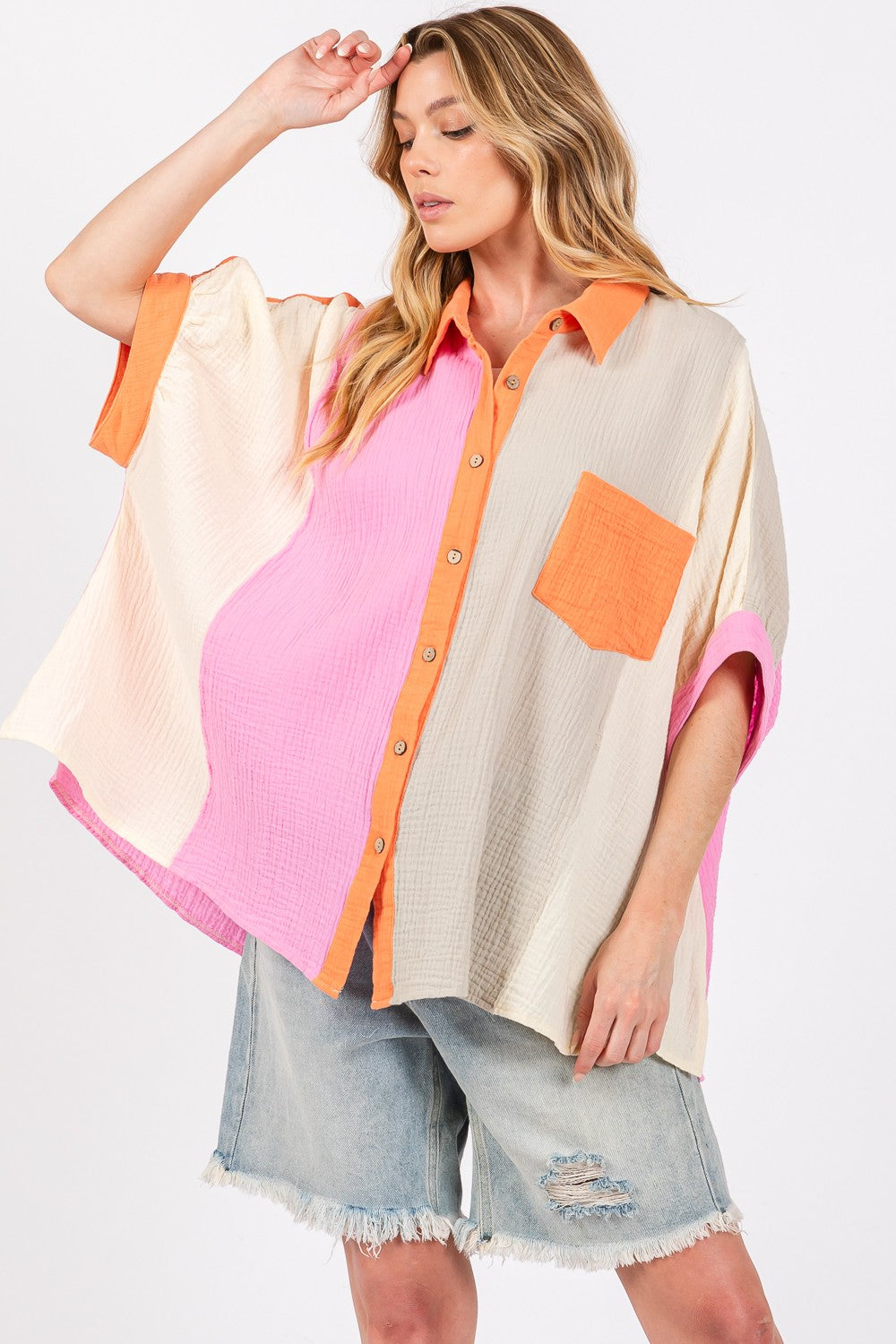 SAGE + FIG Full Size Color Block Button-Down Shirt - Charming Charlie
