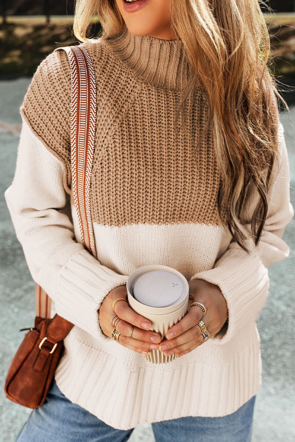 Slit Color Block Turtleneck Long Sleeve Sweater - Charming Charlie