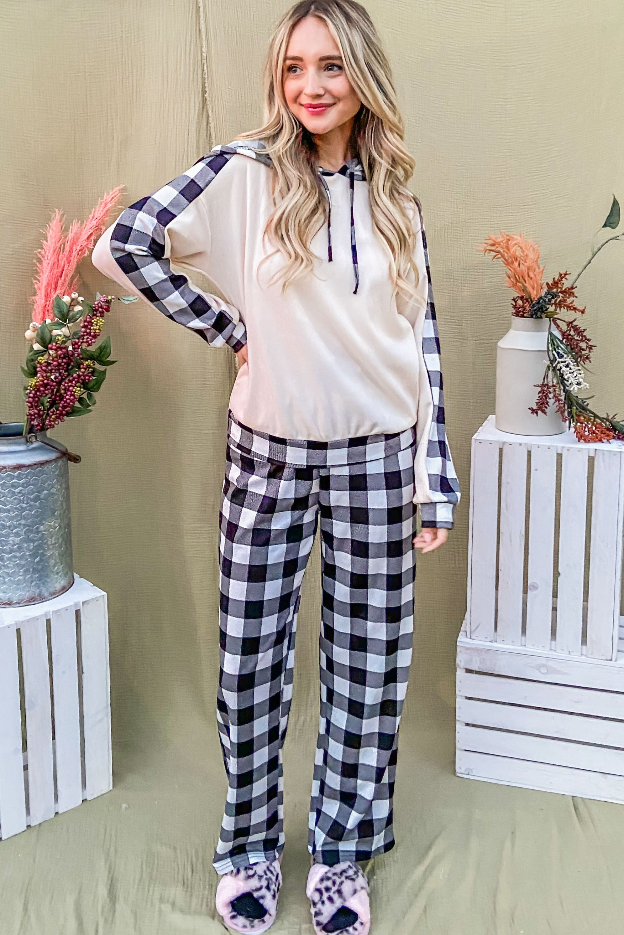 And The Why Drawstring Hooded Top and Plaid Pants Lounge Set - Charming Charlie