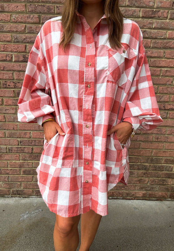 Plaid Collared Neck Long Sleeve Shirt Dress - Charming Charlie