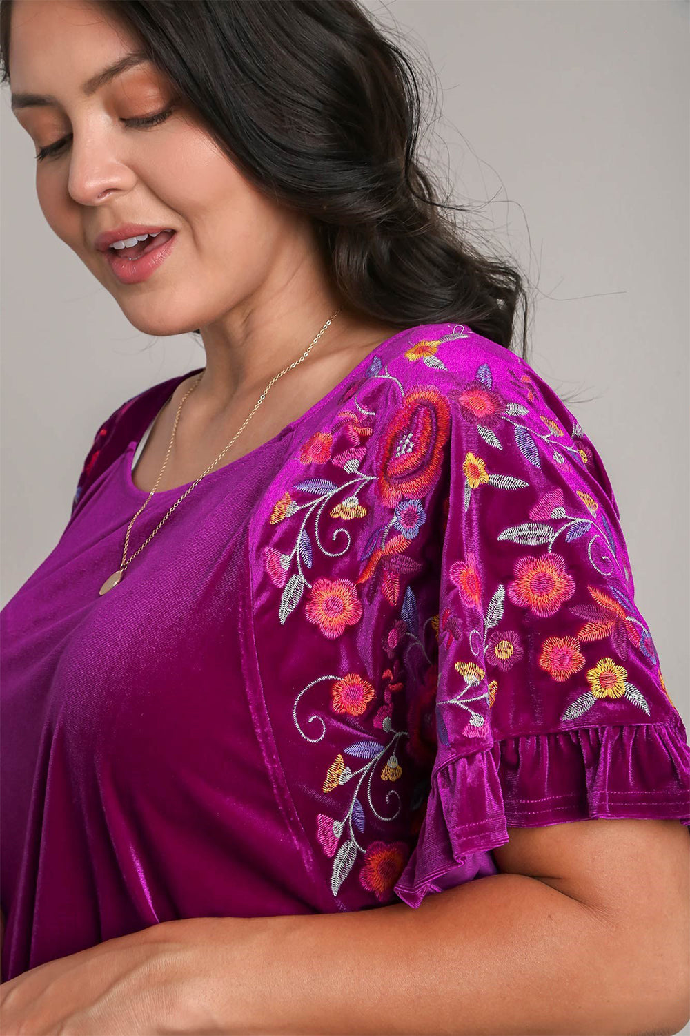 Umgee Full Size Velvet Embroidery Short Sleeve Blouse - Charming Charlie