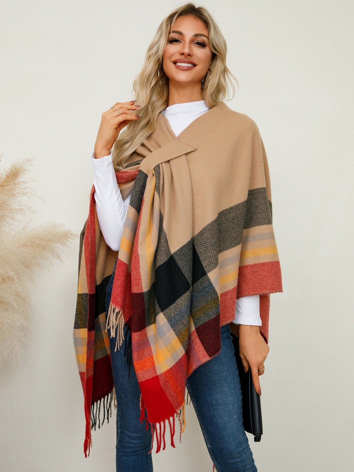 Fringe Contrast Plaid Poncho - Charming Charlie