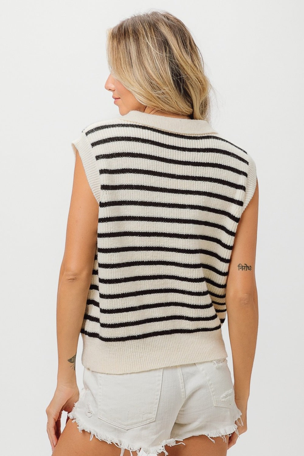 BiBi Flower Patch Striped Half Button Sweater Vest - Charming Charlie