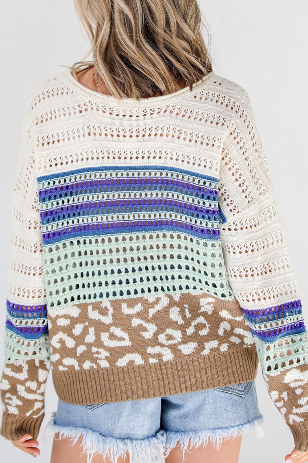 Leopard Striped Round Neck Crochet Knit Top - Charming Charlie