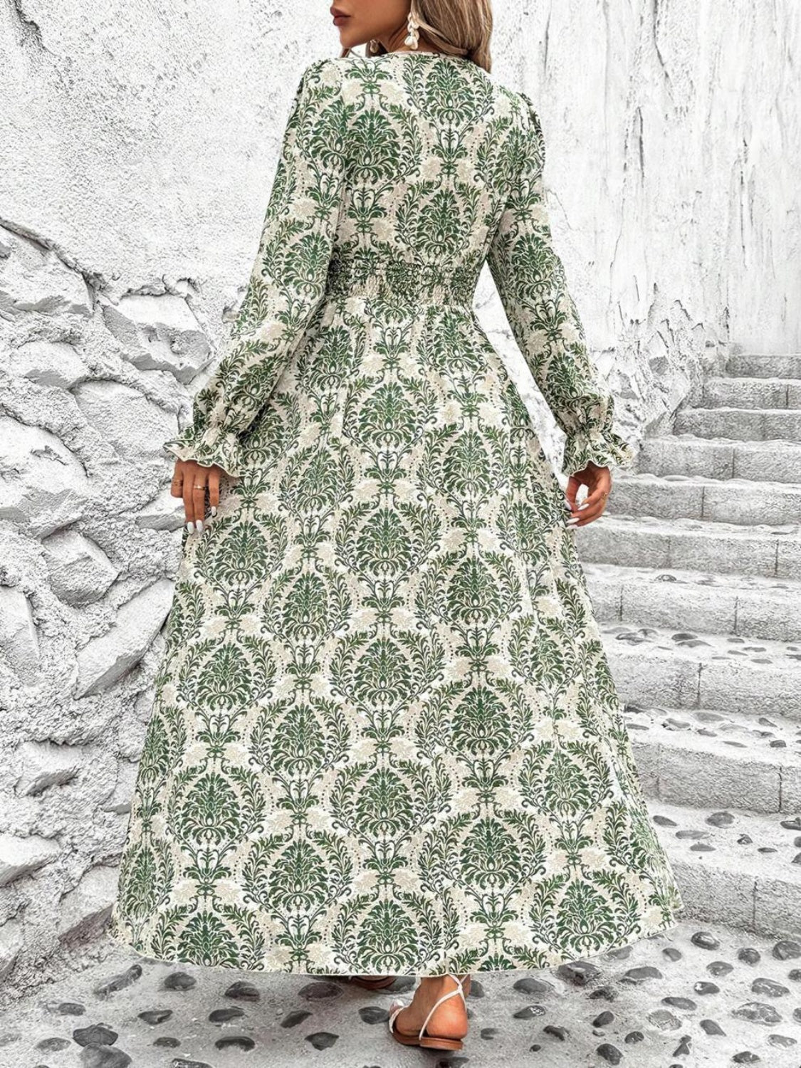 Smocked Printed V-Neck Flounce Sleeve Dress - Charming Charlie