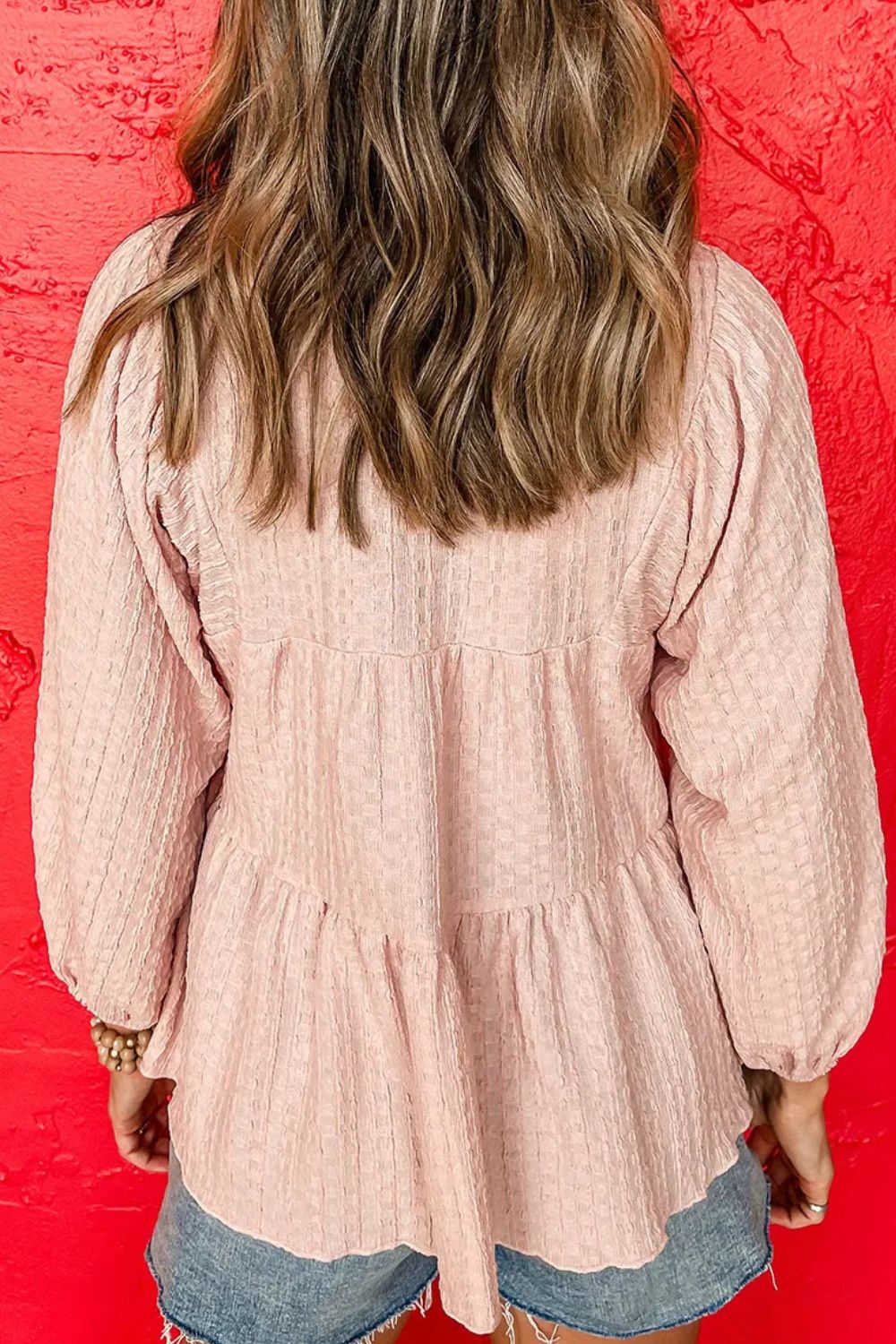 Textured Tie Neck Three-Quarter Sleeve Blouse - Charming Charlie