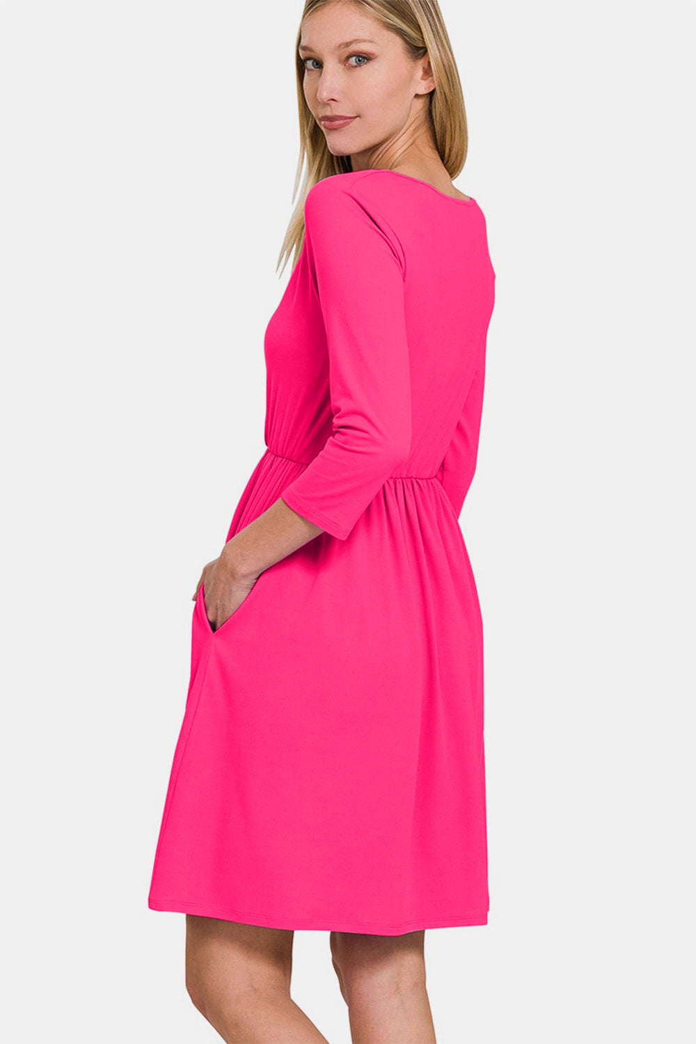 Zenana Three-Quarter Sleeve Surplice Dress with Pockets - Charming Charlie
