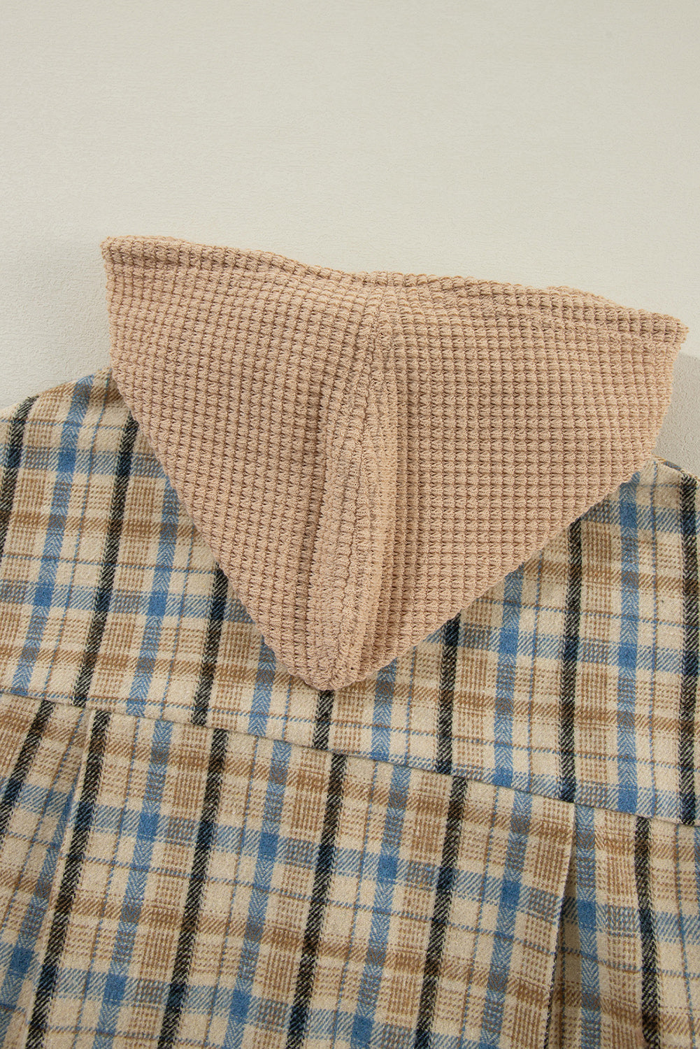 Drawstring Waffle Knit Patchwork Hooded Plaid Shacket - Charming Charlie