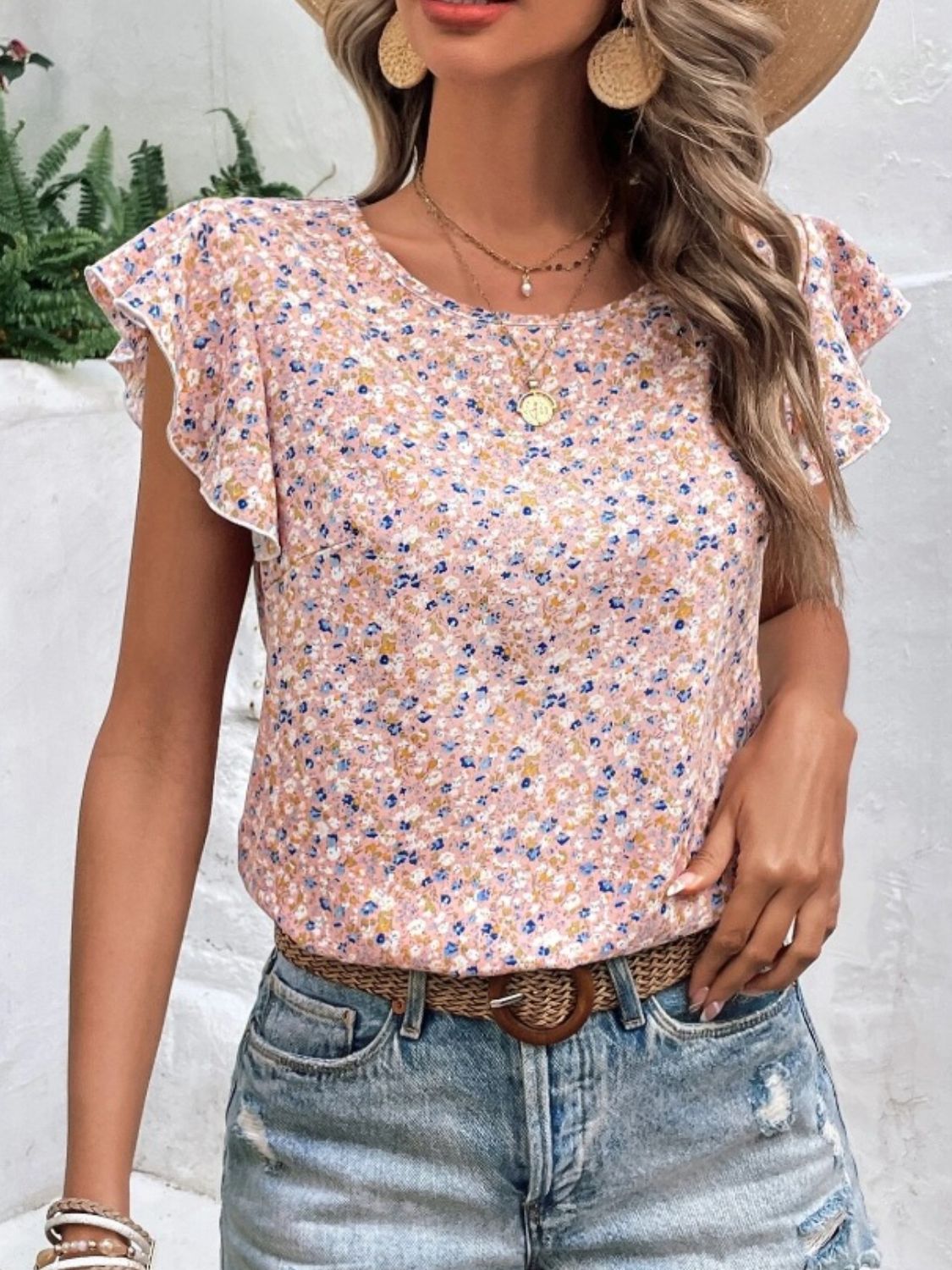 Ditsy Floral Round Neck Cap Sleeve Top - Charming Charlie