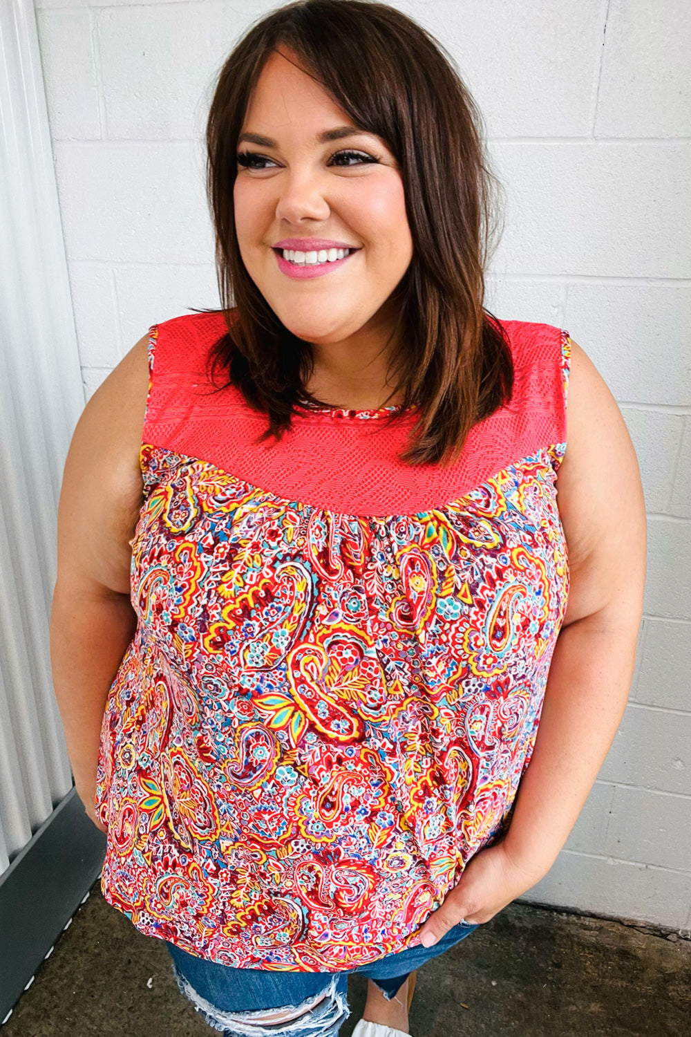 Coral Jacquard Lace Paisley Print Tank Top - Charming Charlie