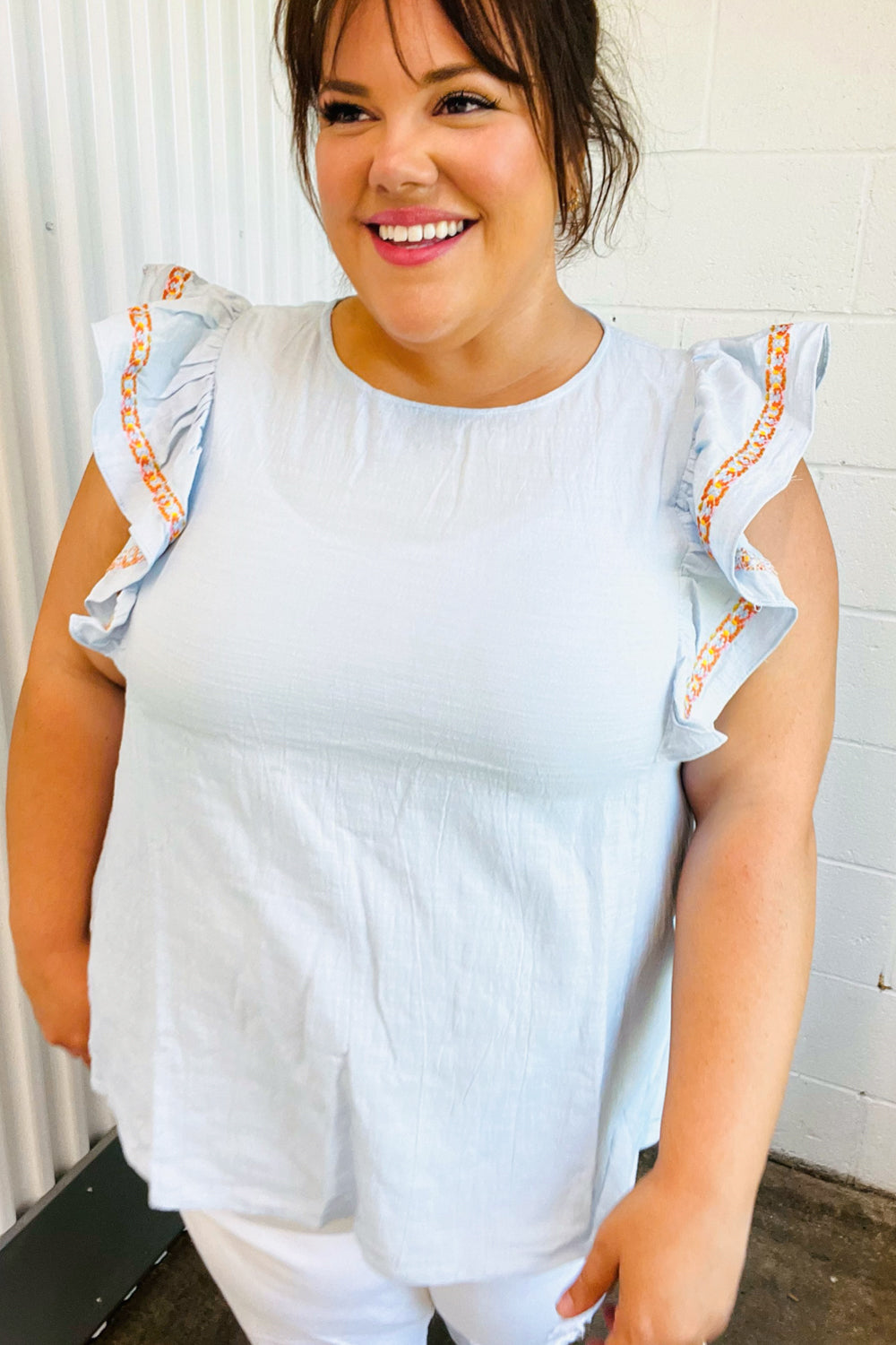 Chambray Embroidered Flutter Sleeve Top - Charming Charlie