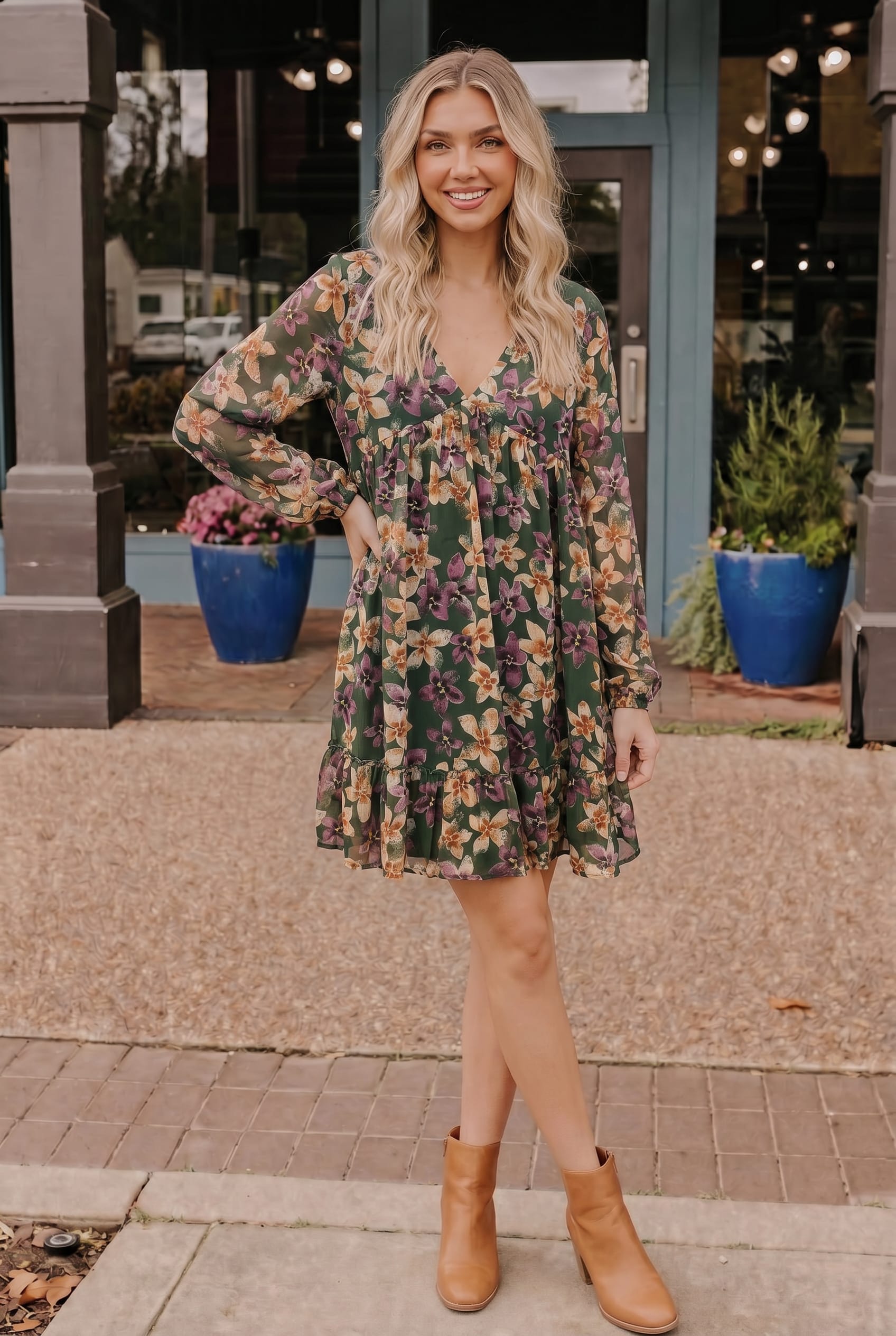 Forest Blooms Long Sleeve Mini Dress - Charming Charlie