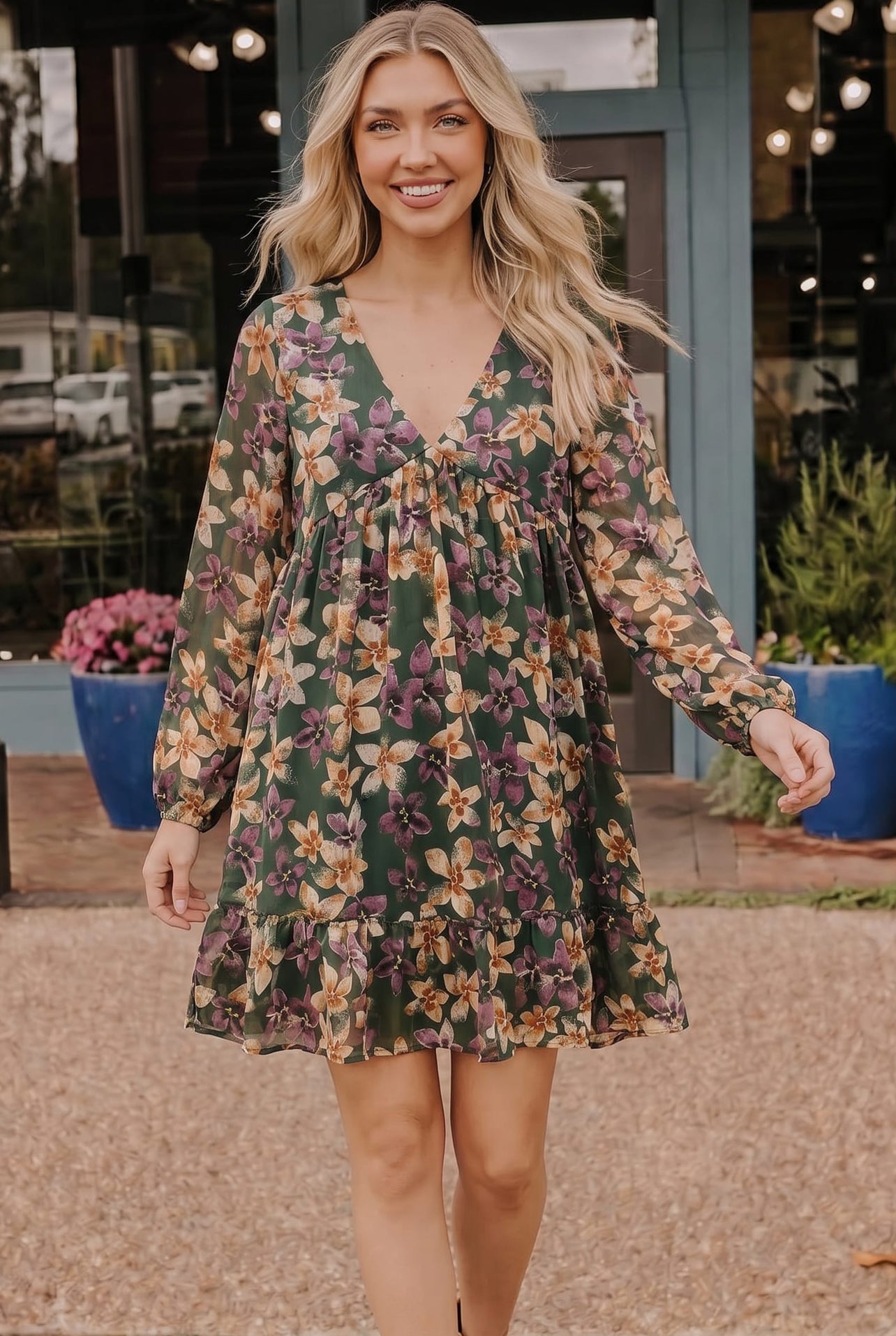 Forest Blooms Long Sleeve Mini Dress - Charming Charlie