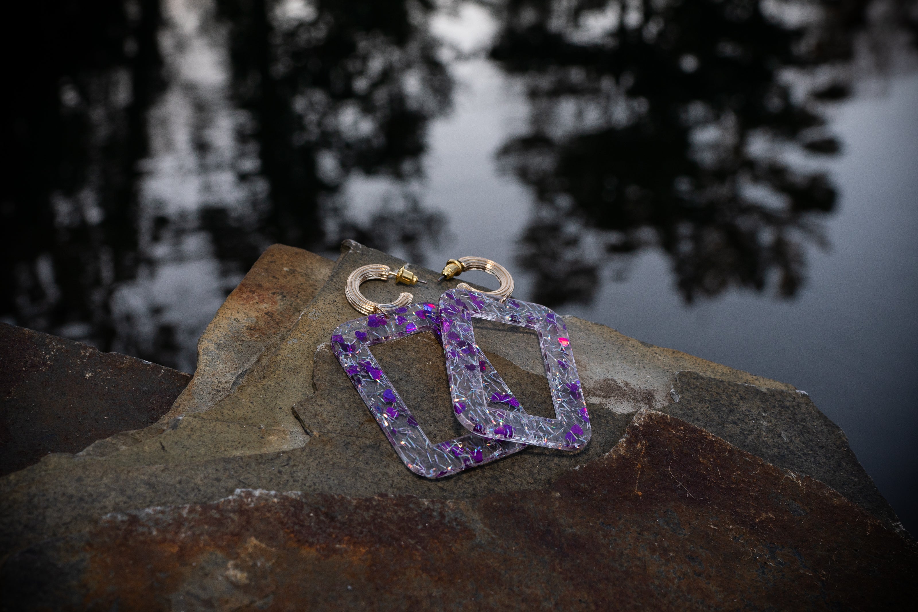 Post Earring With Lucite Color Splatter Rectangle Drop - Charming Charlie