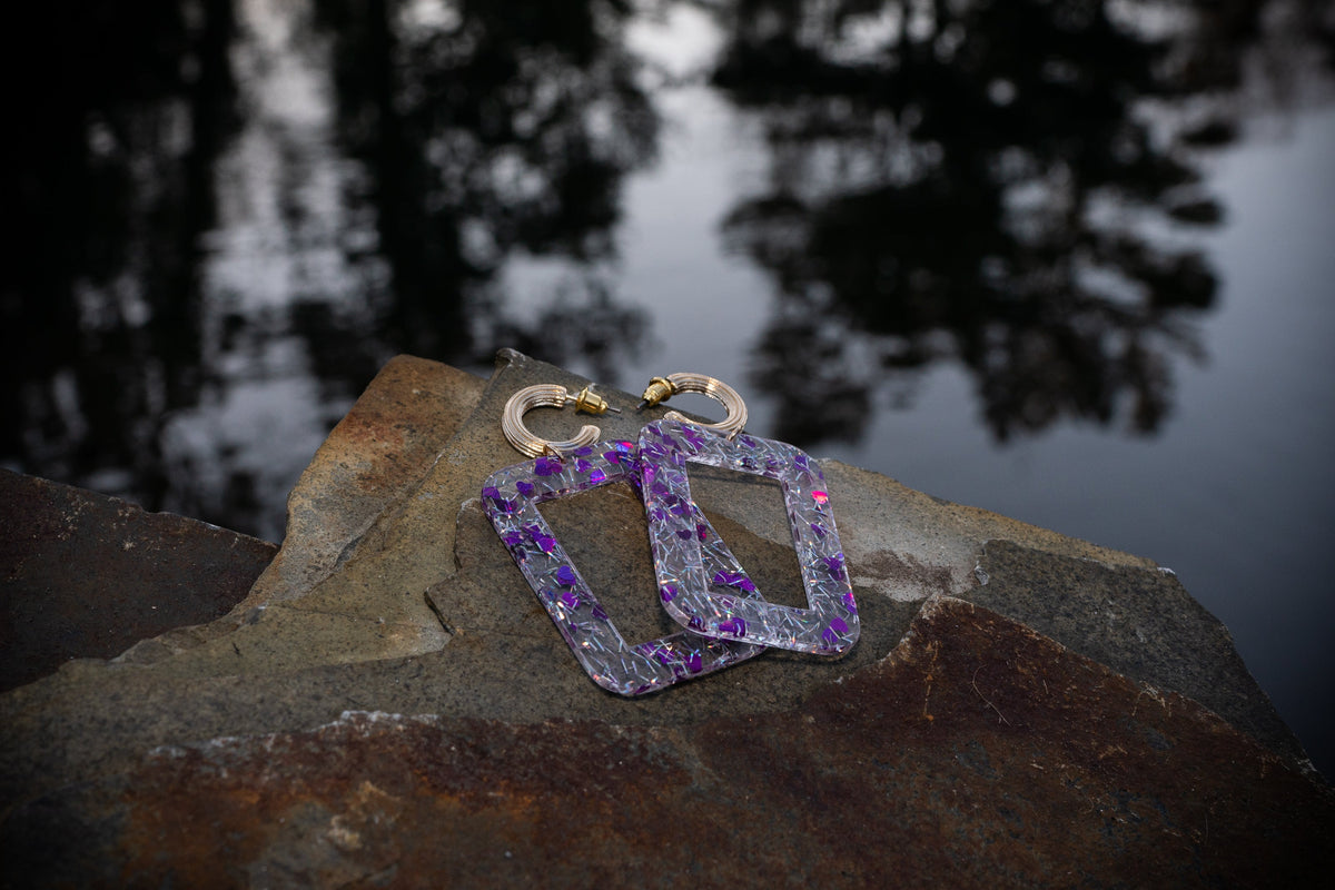 Post Earring With Lucite Color Splatter Rectangle Drop - Charming Charlie