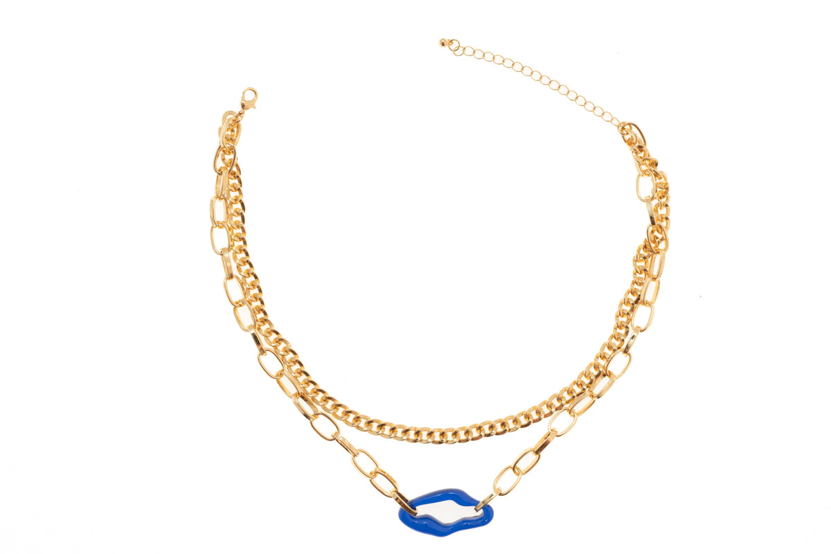 Two Row Chain Link Necklace With Lucite Blue Pendant - Charming Charlie