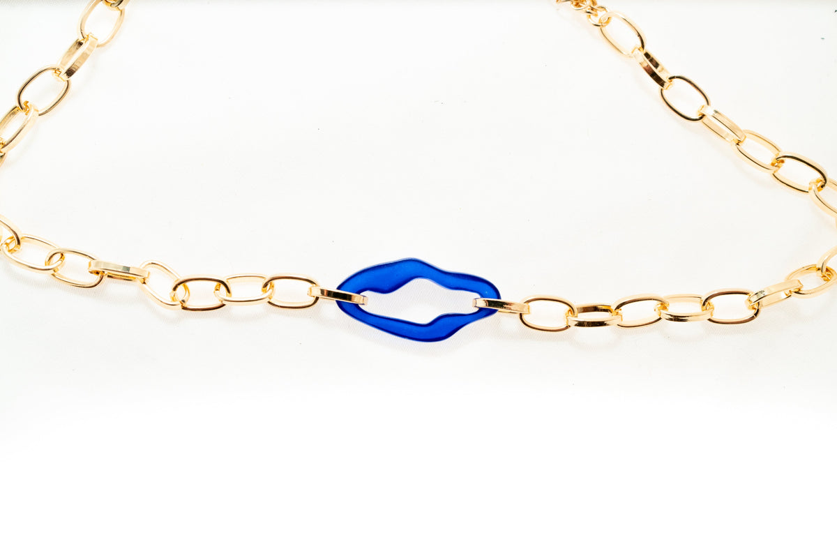 Two Row Chain Link Necklace With Lucite Blue Pendant - Charming Charlie