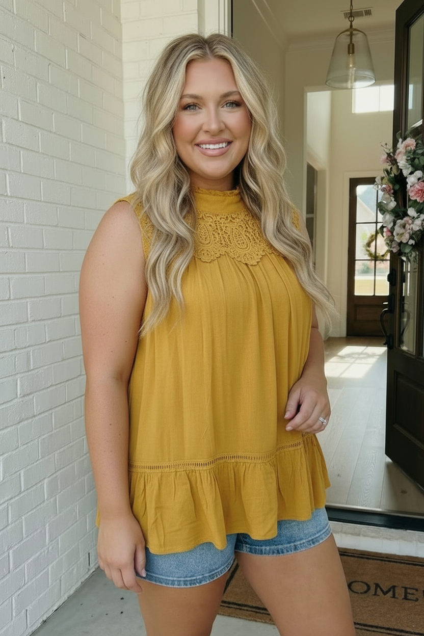 Golden Hour Lace Yoke Babydoll Top - Charming Charlie