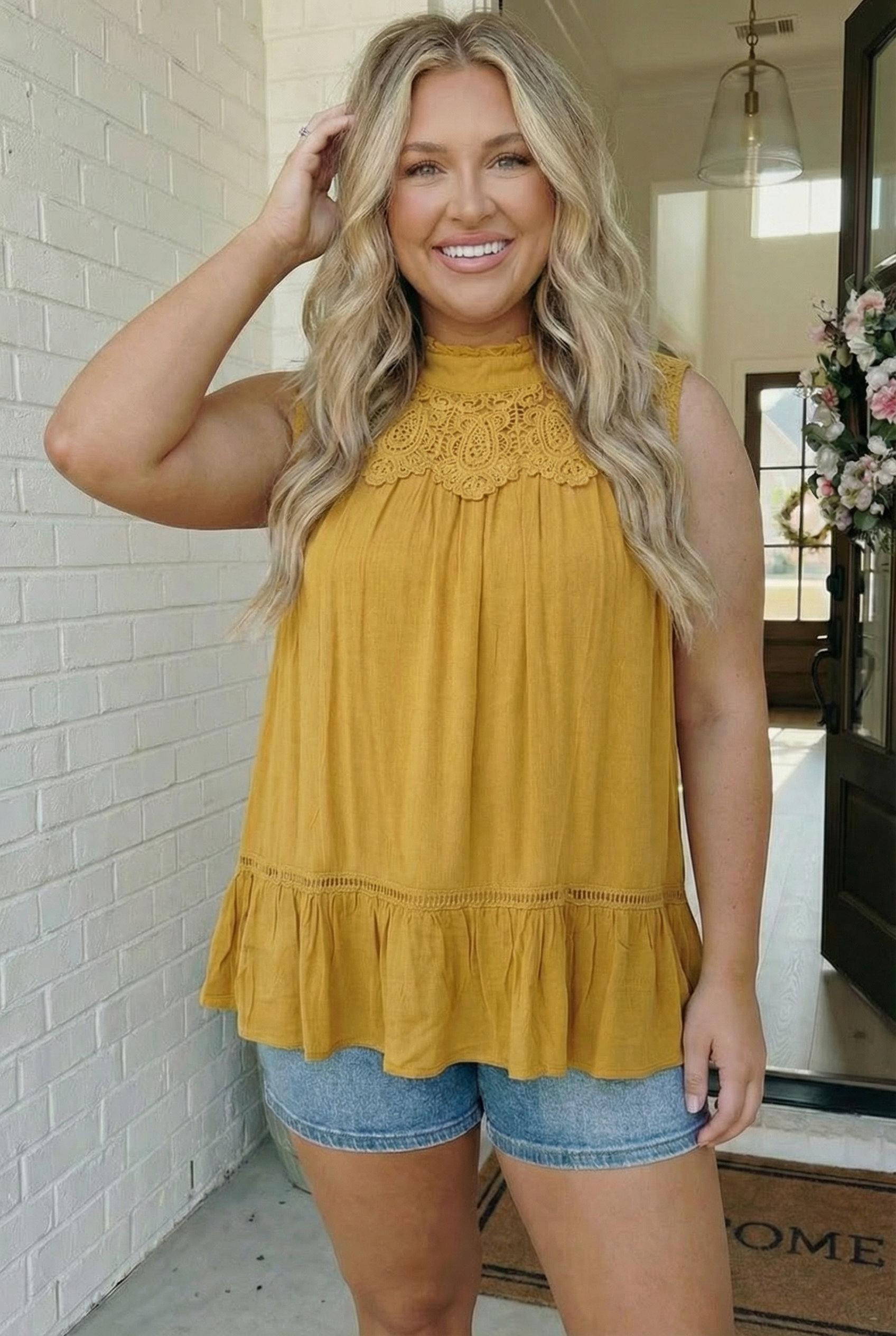 Golden Hour Lace Yoke Babydoll Top - Charming Charlie