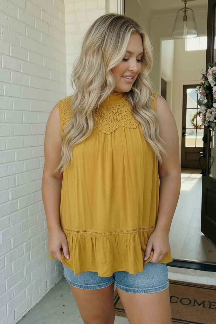 Golden Hour Lace Yoke Babydoll Top - Charming Charlie