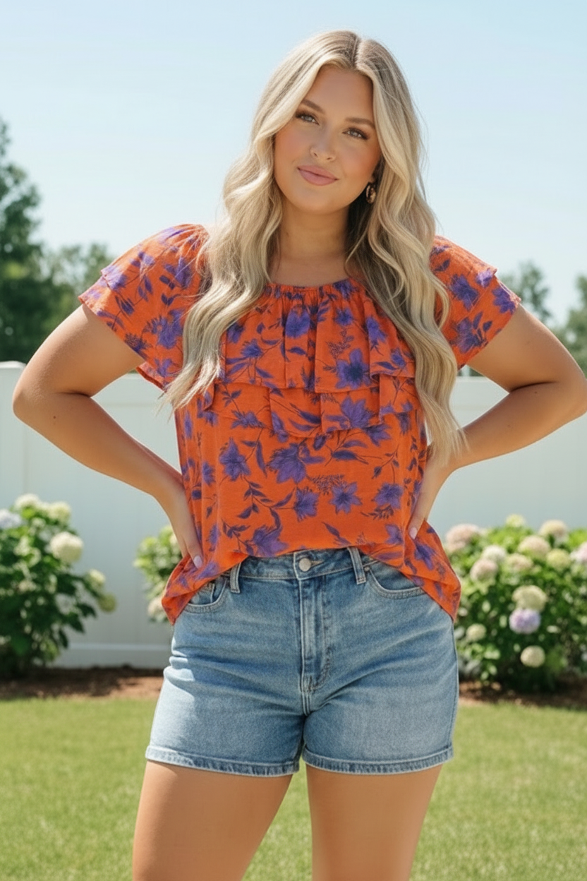 Rust Bloom Ruffle Top - Charming Charlie