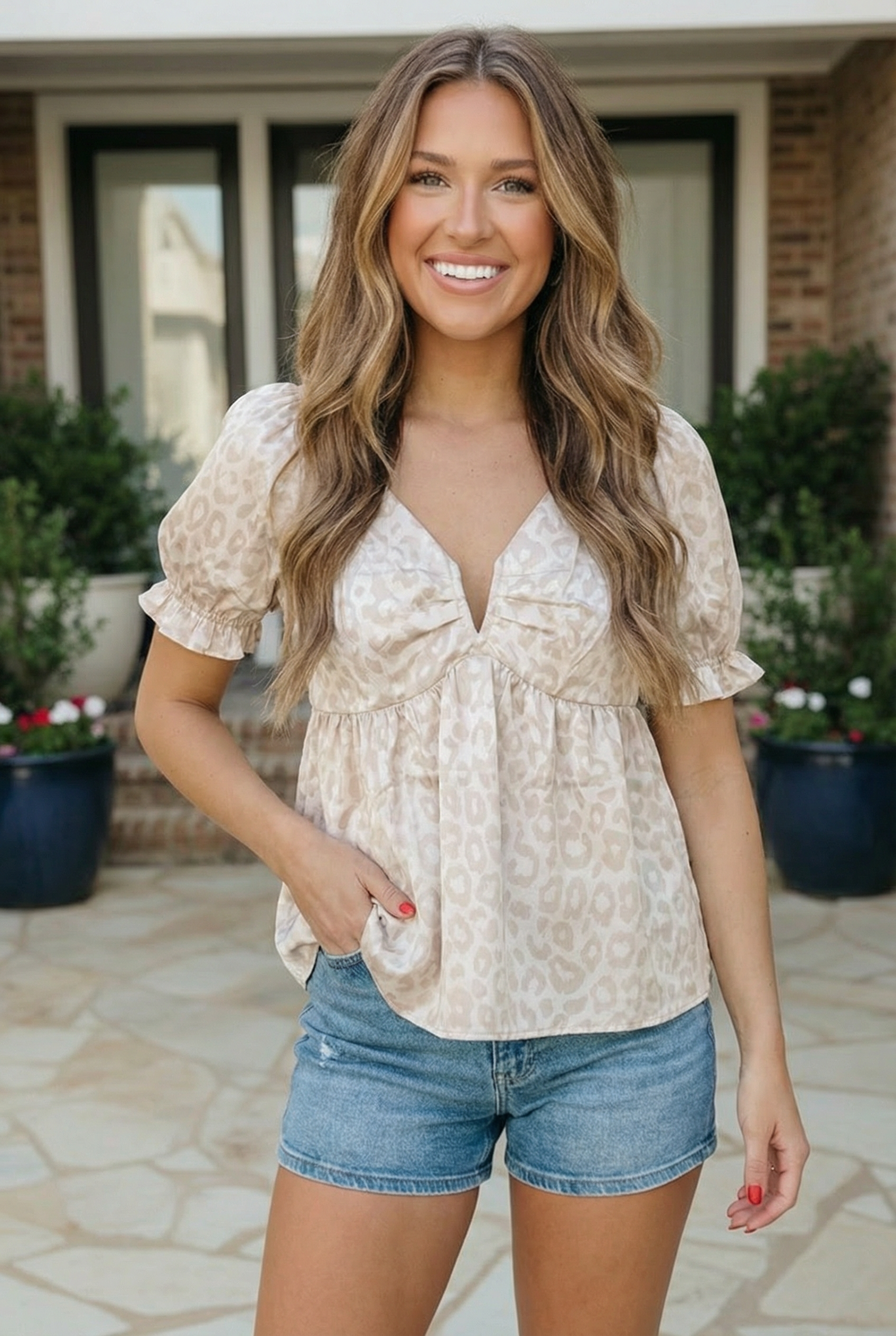 Satin Animal Print Puff Sleeve Babydoll Top - Charming Charlie