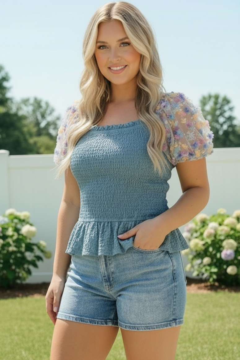 Smocked Peplum Top with Floral Puff Sleeves - Charming Charlie