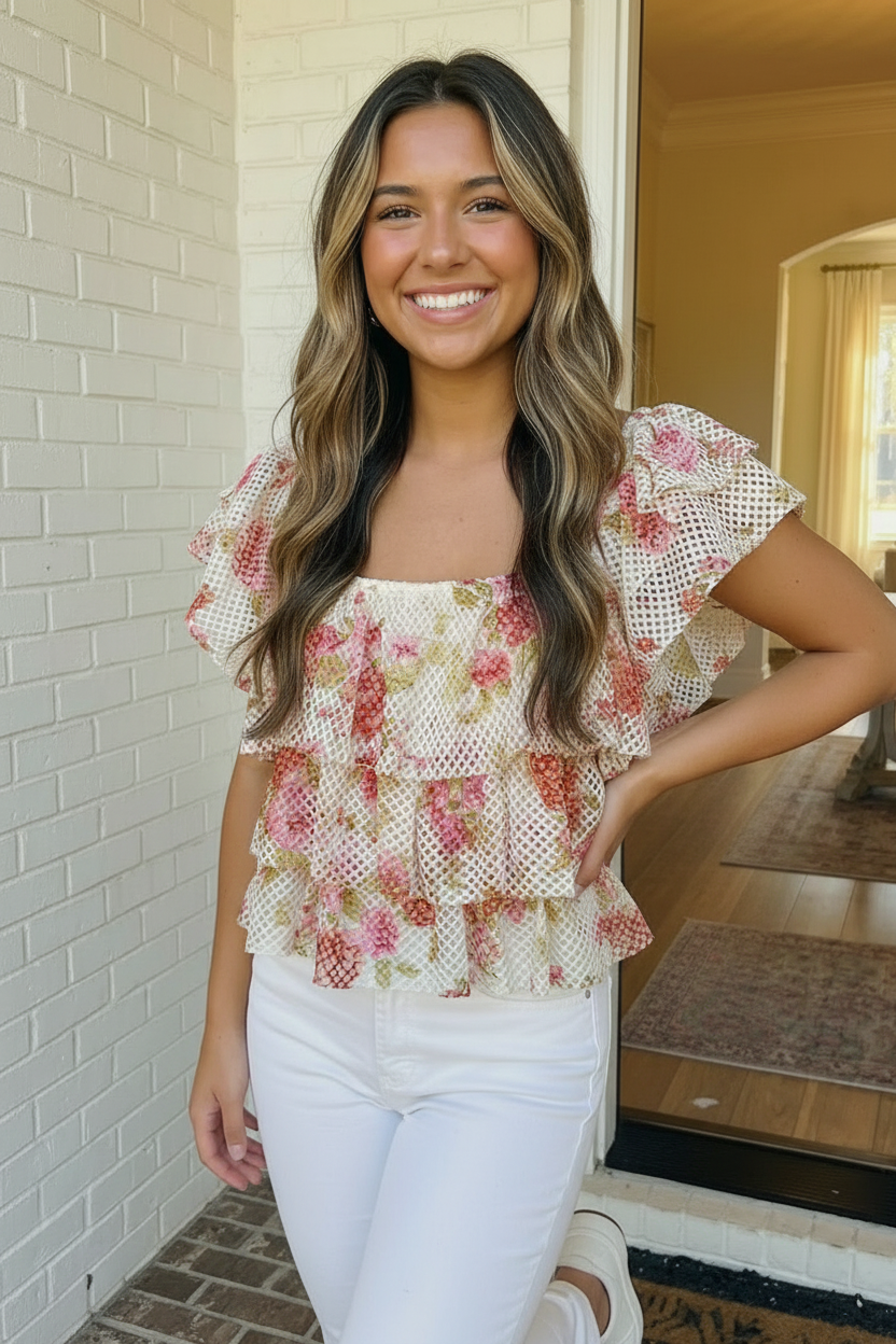 Ready with Ruffles Floral Mesh Top - Charming Charlie