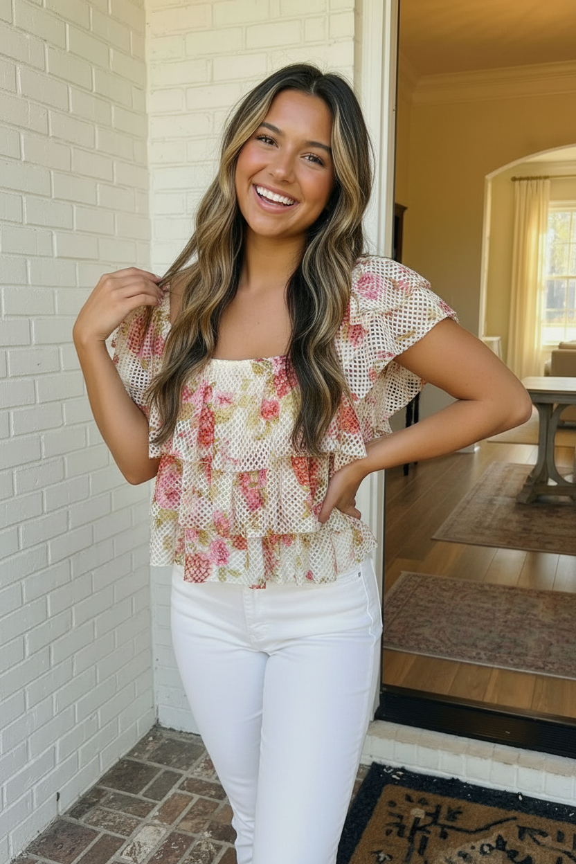 Ready with Ruffles Floral Mesh Top - Charming Charlie