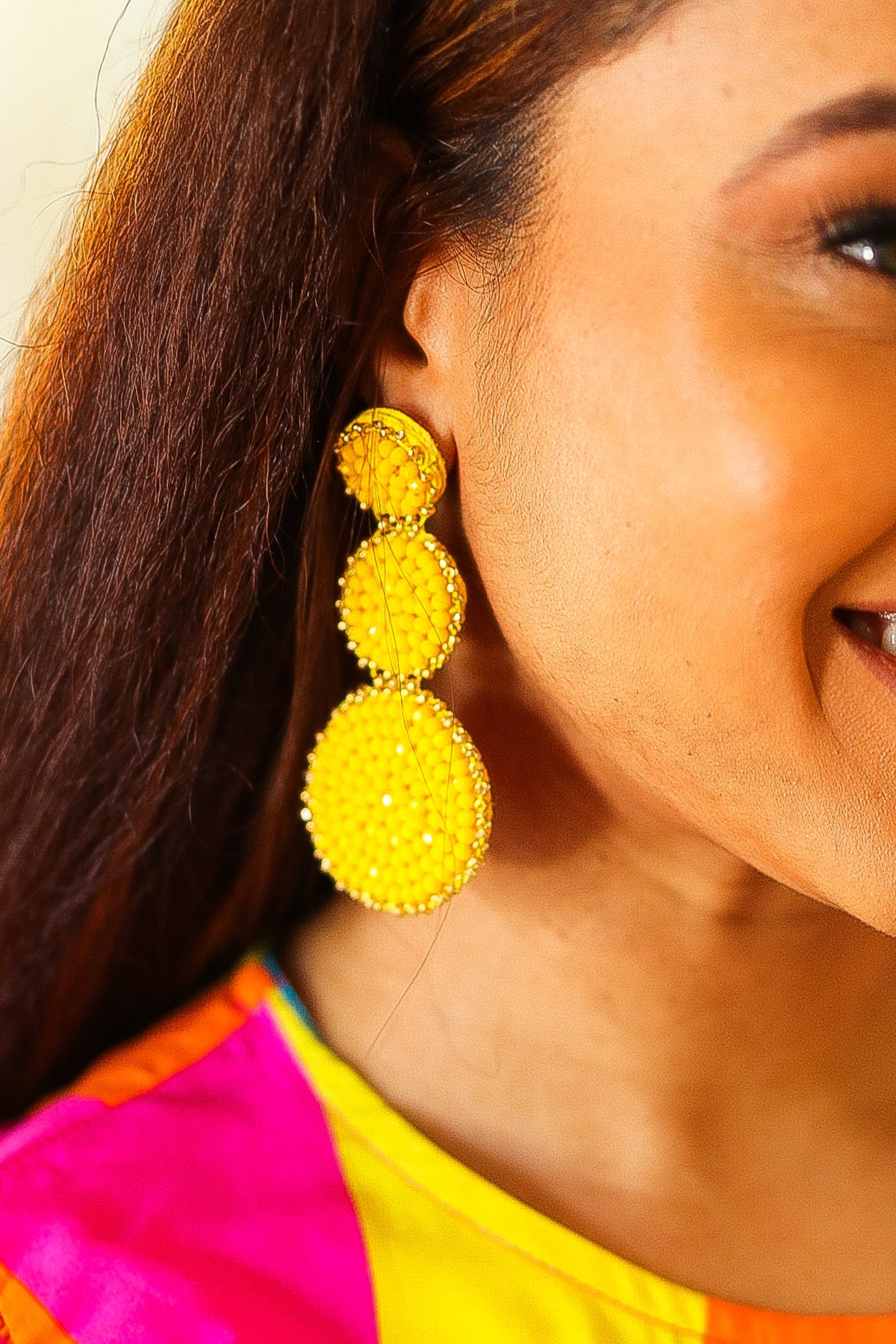 Yellow Beaded Round Pendant Earrings - Charming Charlie
