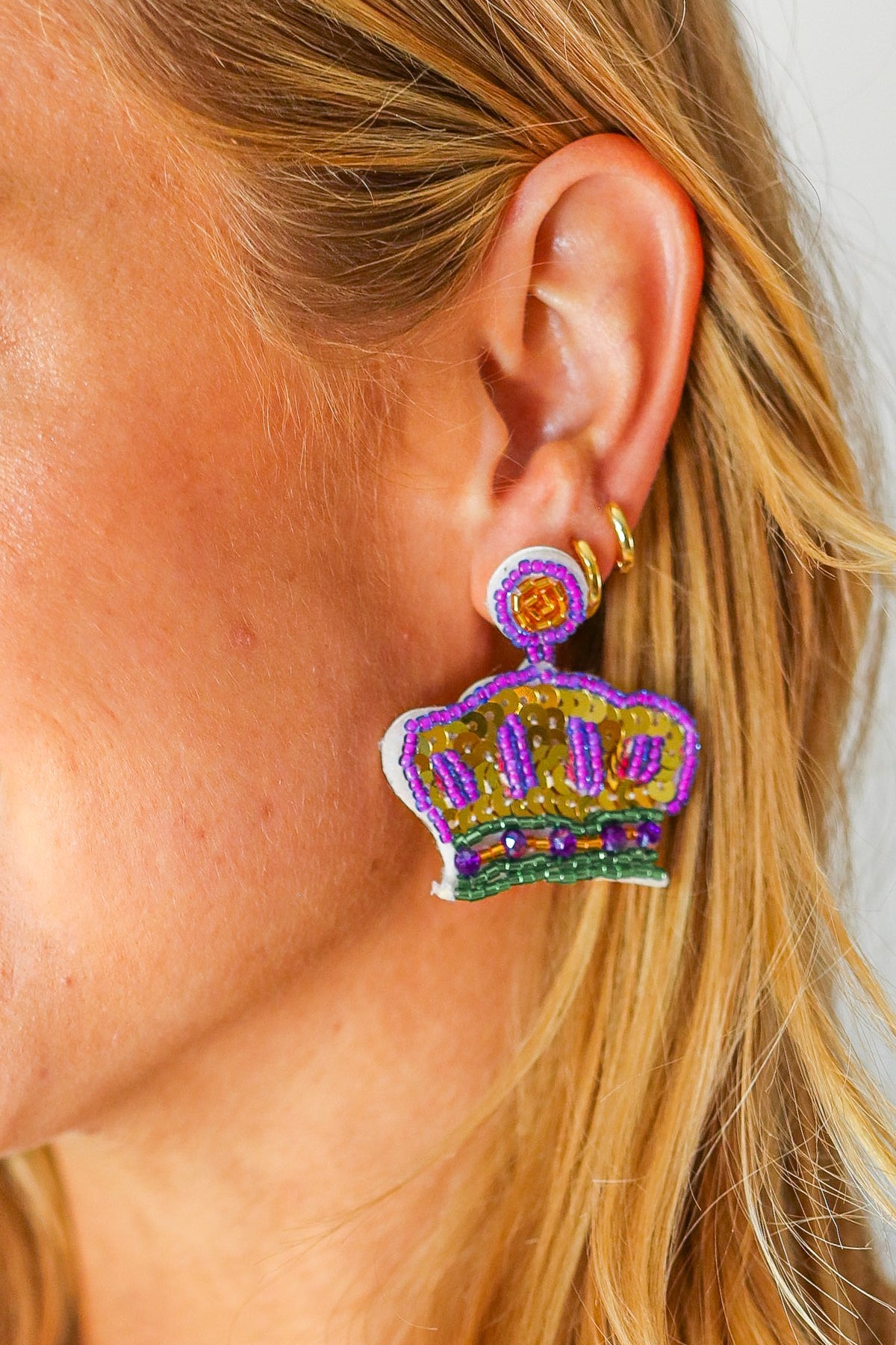Mardi Gras Sequin & Beaded Crown Dangle Earrings - Charming Charlie