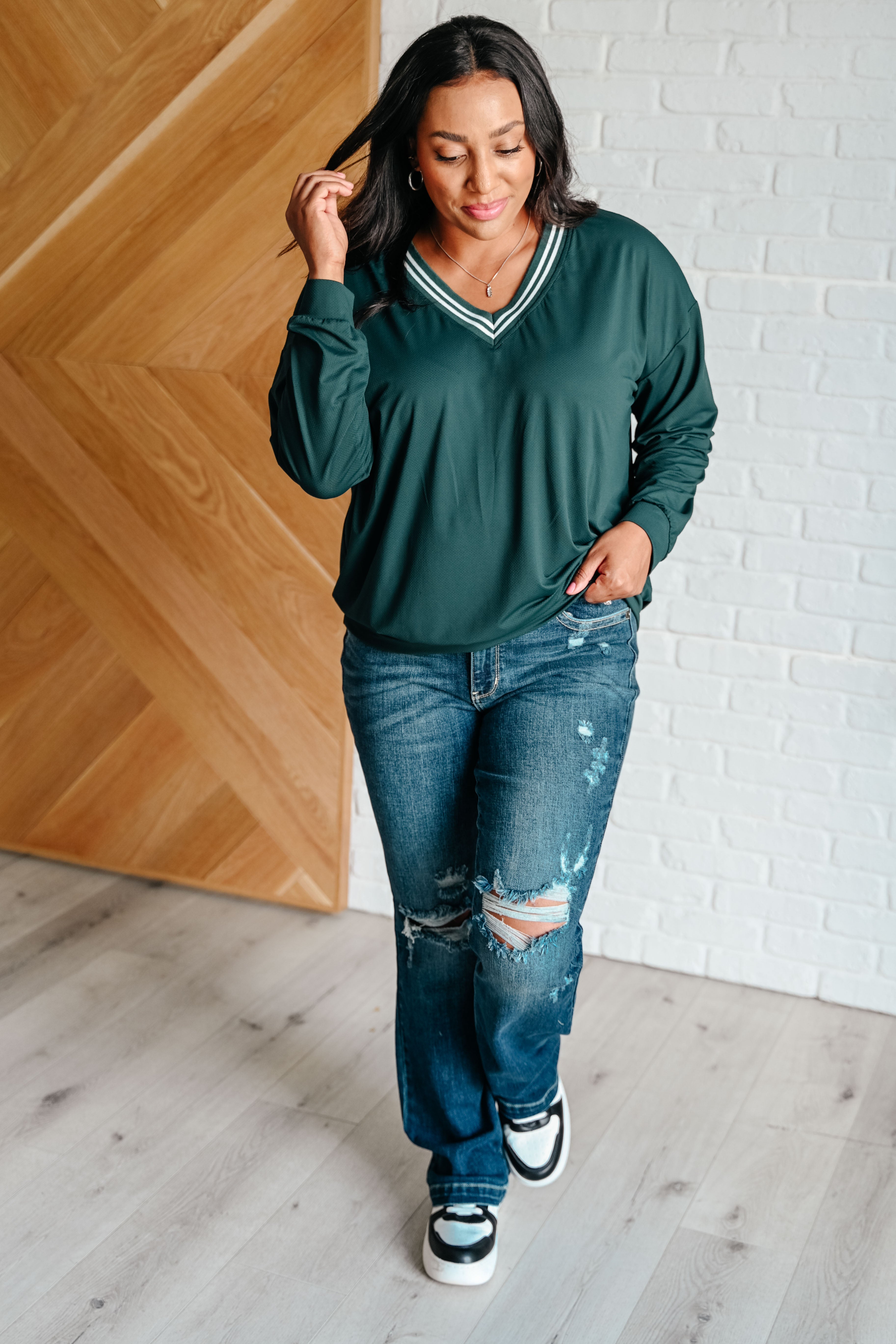 All Out Comfort V-Neck Pullover in Midnight Green - Charming Charlie