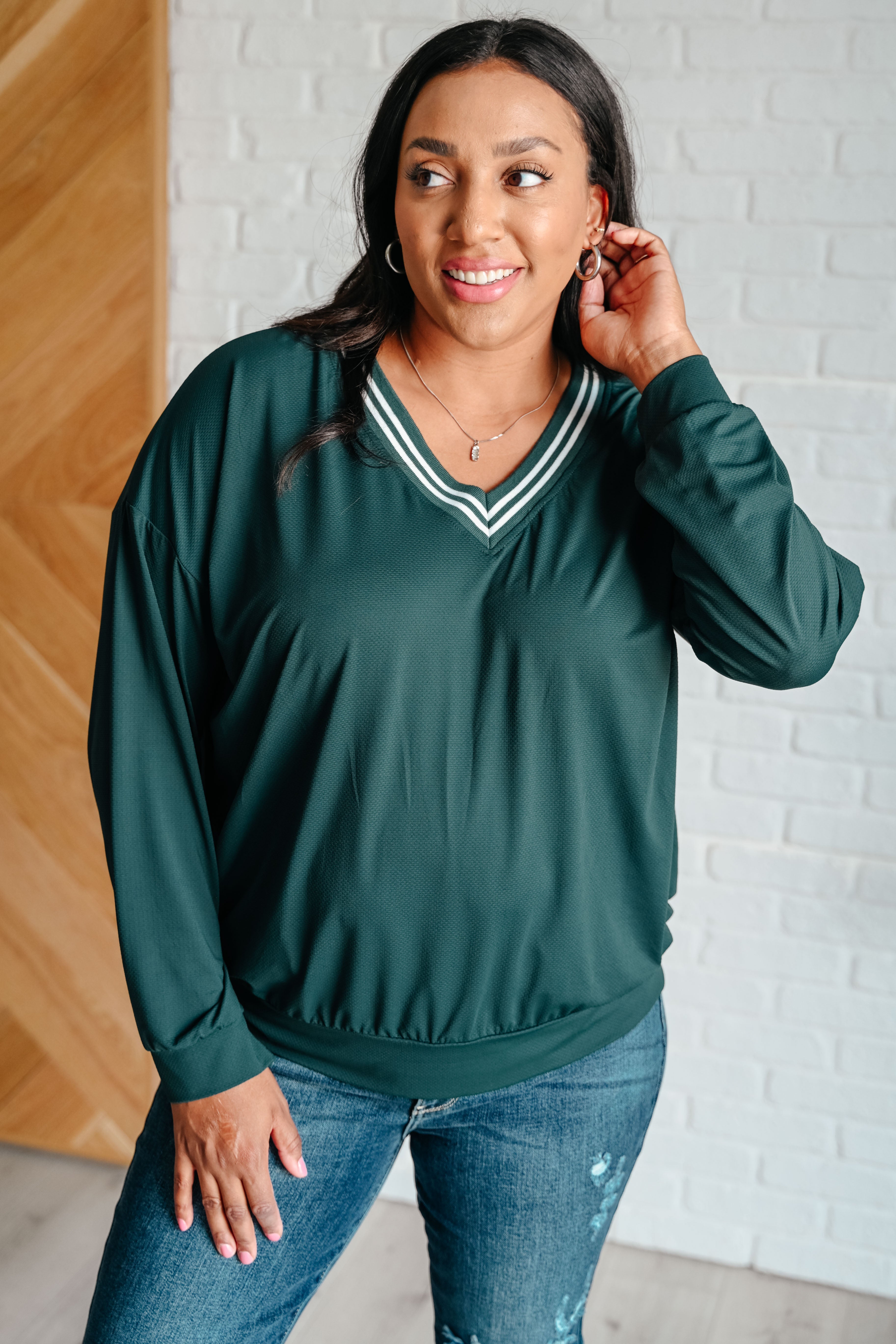 All Out Comfort V-Neck Pullover in Midnight Green - Charming Charlie