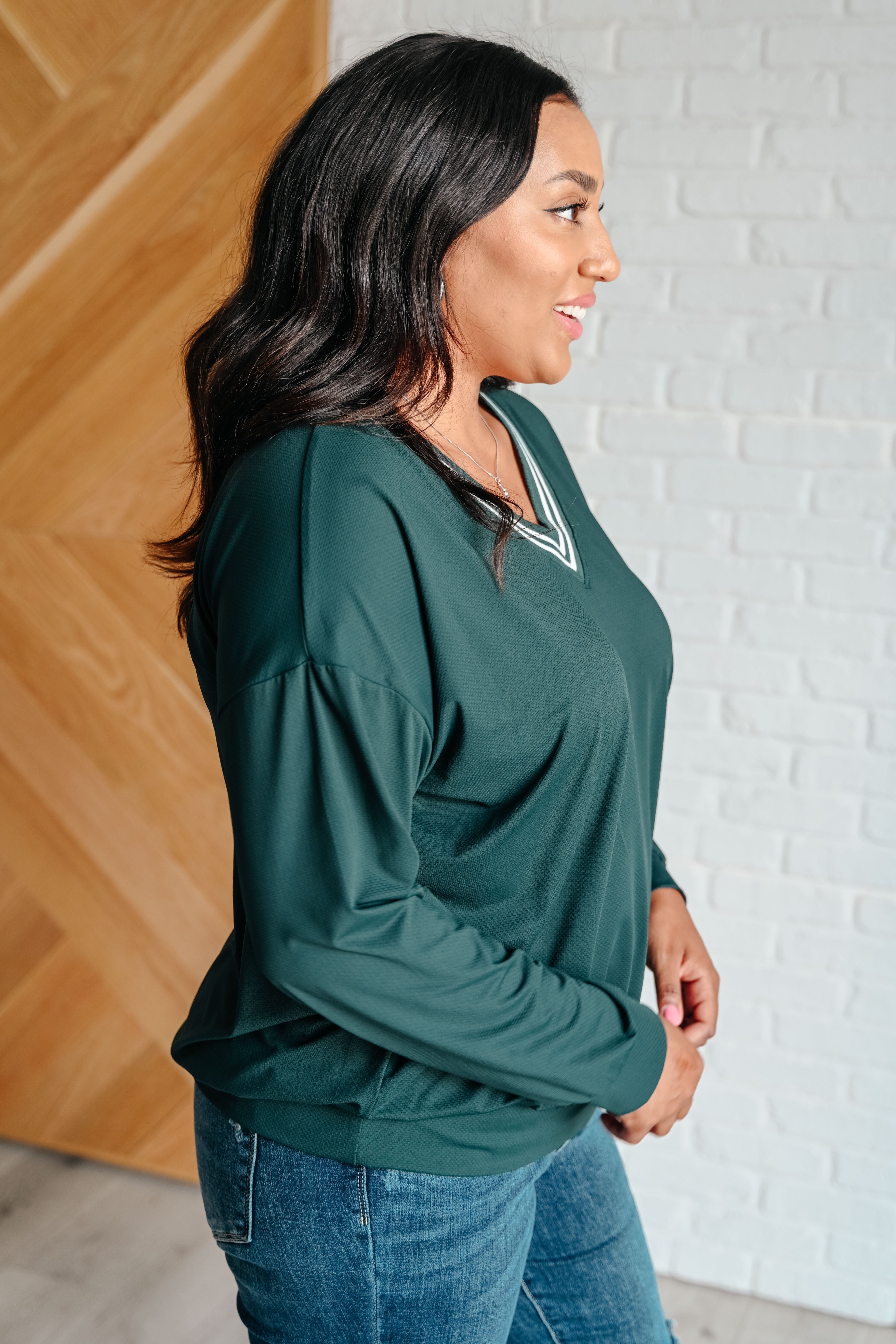 All Out Comfort V-Neck Pullover in Midnight Green - Charming Charlie