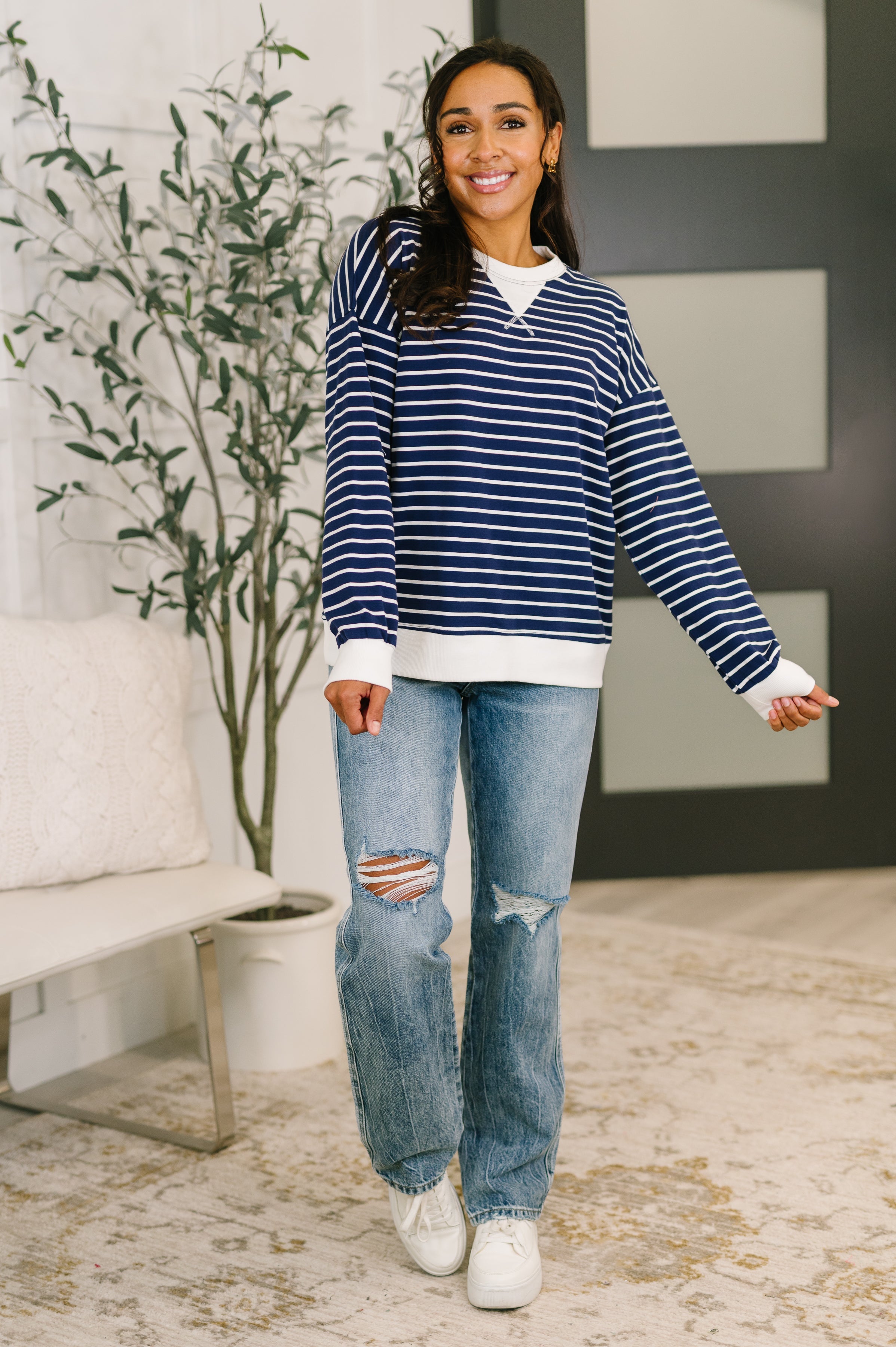 Almost Therapeutic Drop Shoulder Pullover in Navy - Charming Charlie