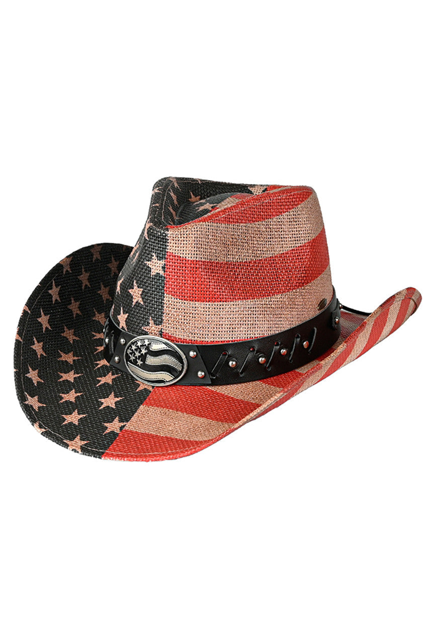American C.C American Flag Cowboy Hat features a vegan leather band with an American flag design. Expertly crafted, it boasts a unique and classic look that adds a touch of patriotism to any outfit. Made from quality materials, it is both stylish and cruelty-free.