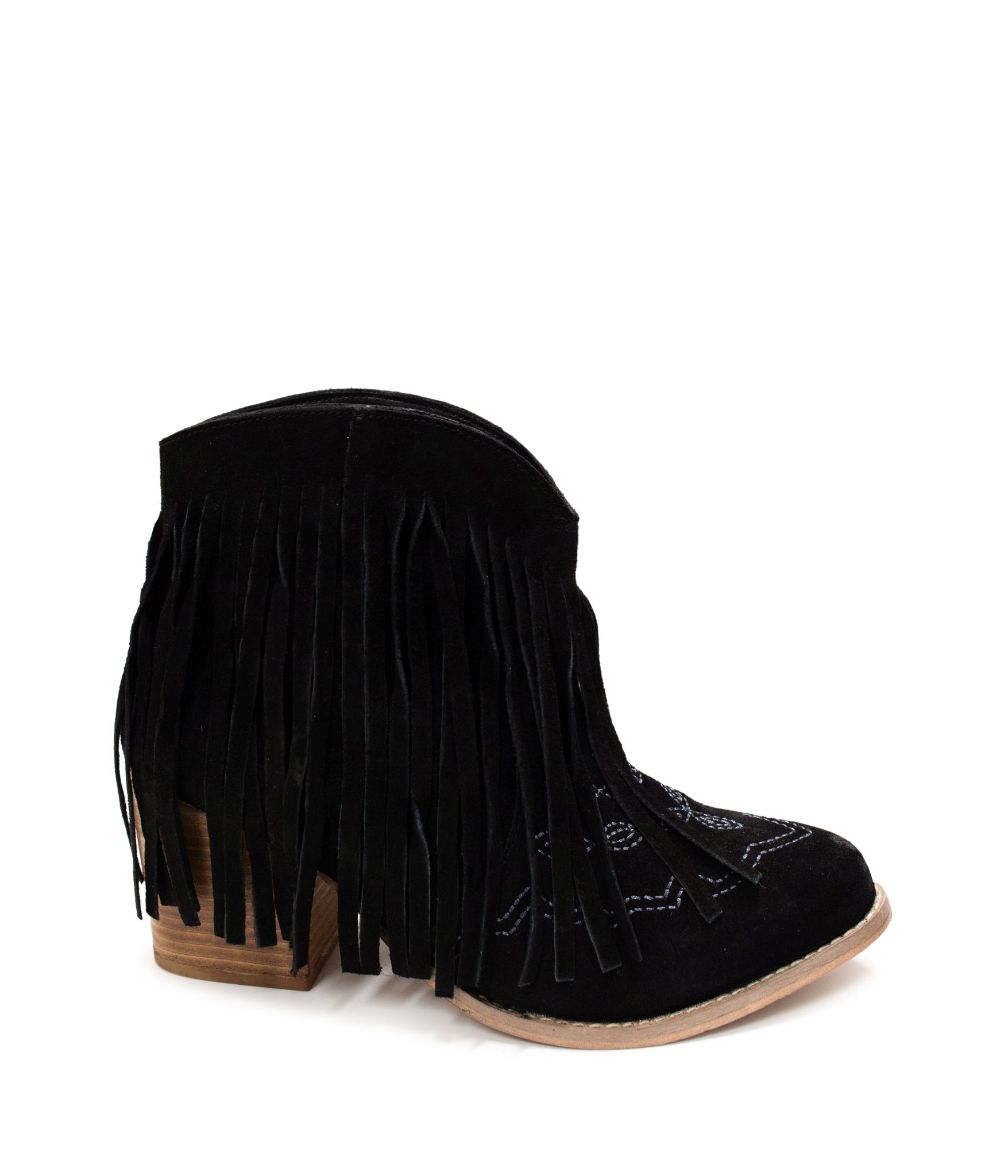 Amos Fringe Ankle Bootie in Black Suede - Charming Charlie