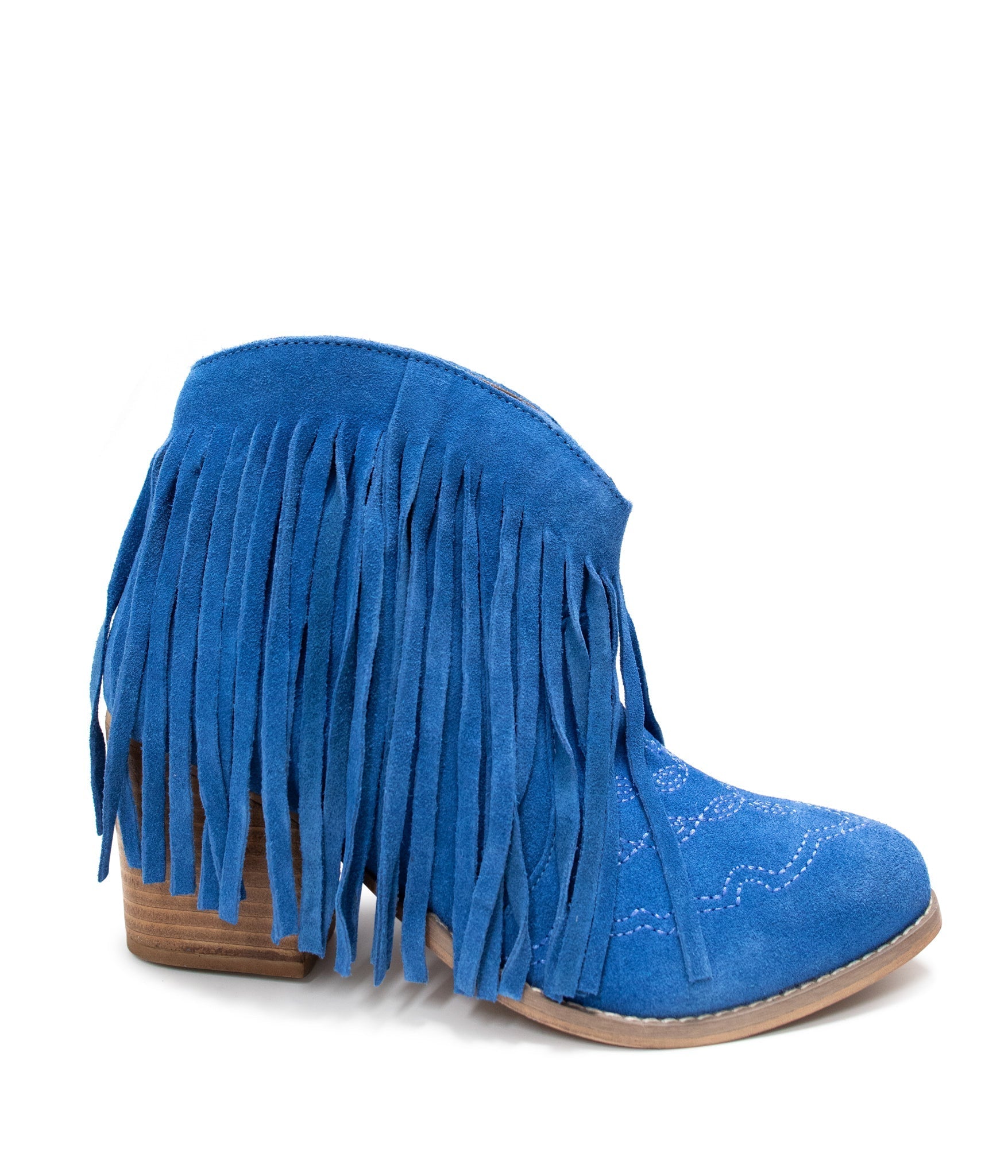 Amos Fringe Ankle Bootie in Blue Suede - Charming Charlie