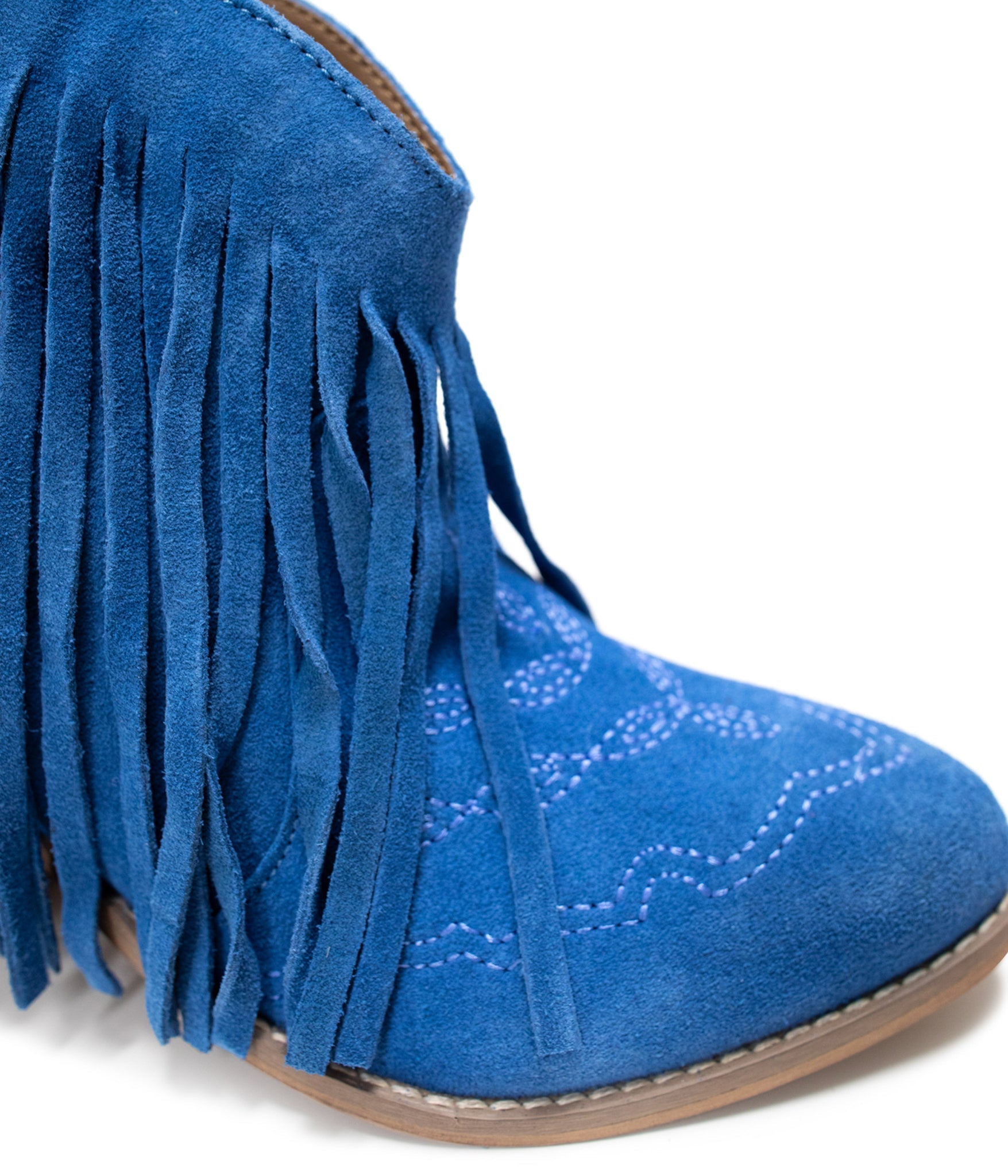 Amos Fringe Ankle Bootie in Blue Suede - Charming Charlie