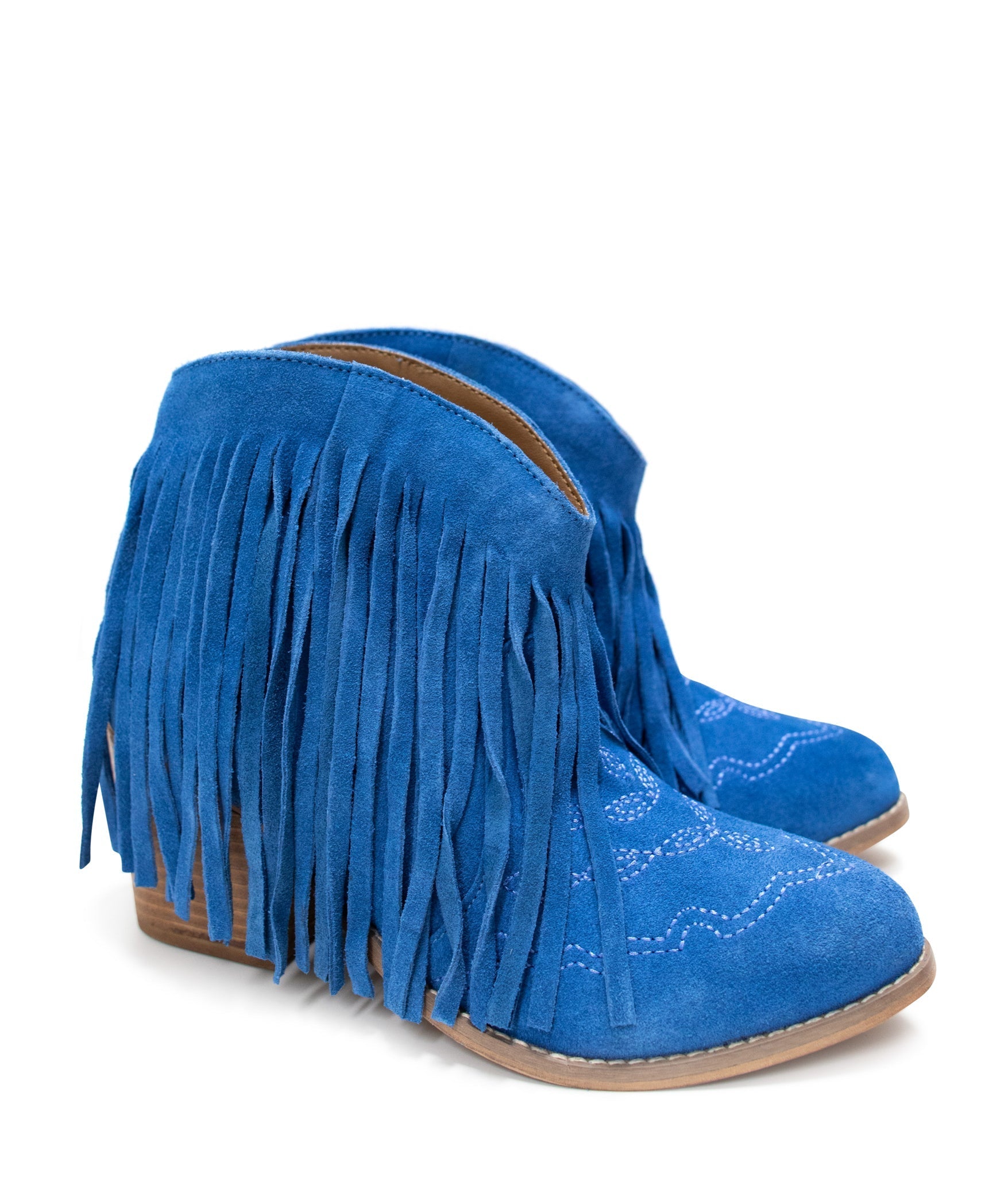 Amos Fringe Ankle Bootie in Blue Suede - Charming Charlie