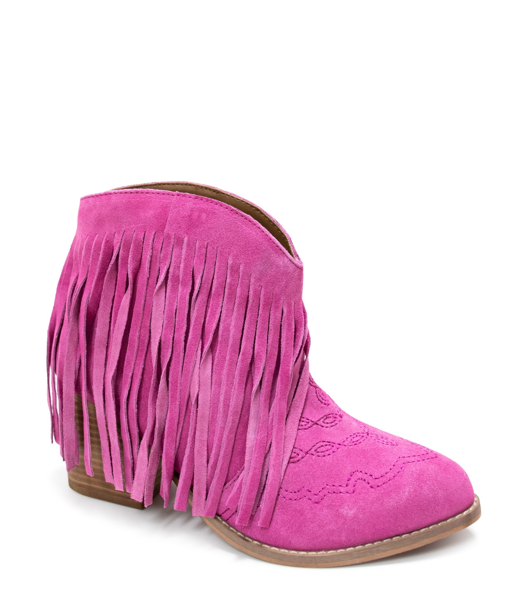 Amos Fringe Ankle Bootie in Magenta Suede - Charming Charlie