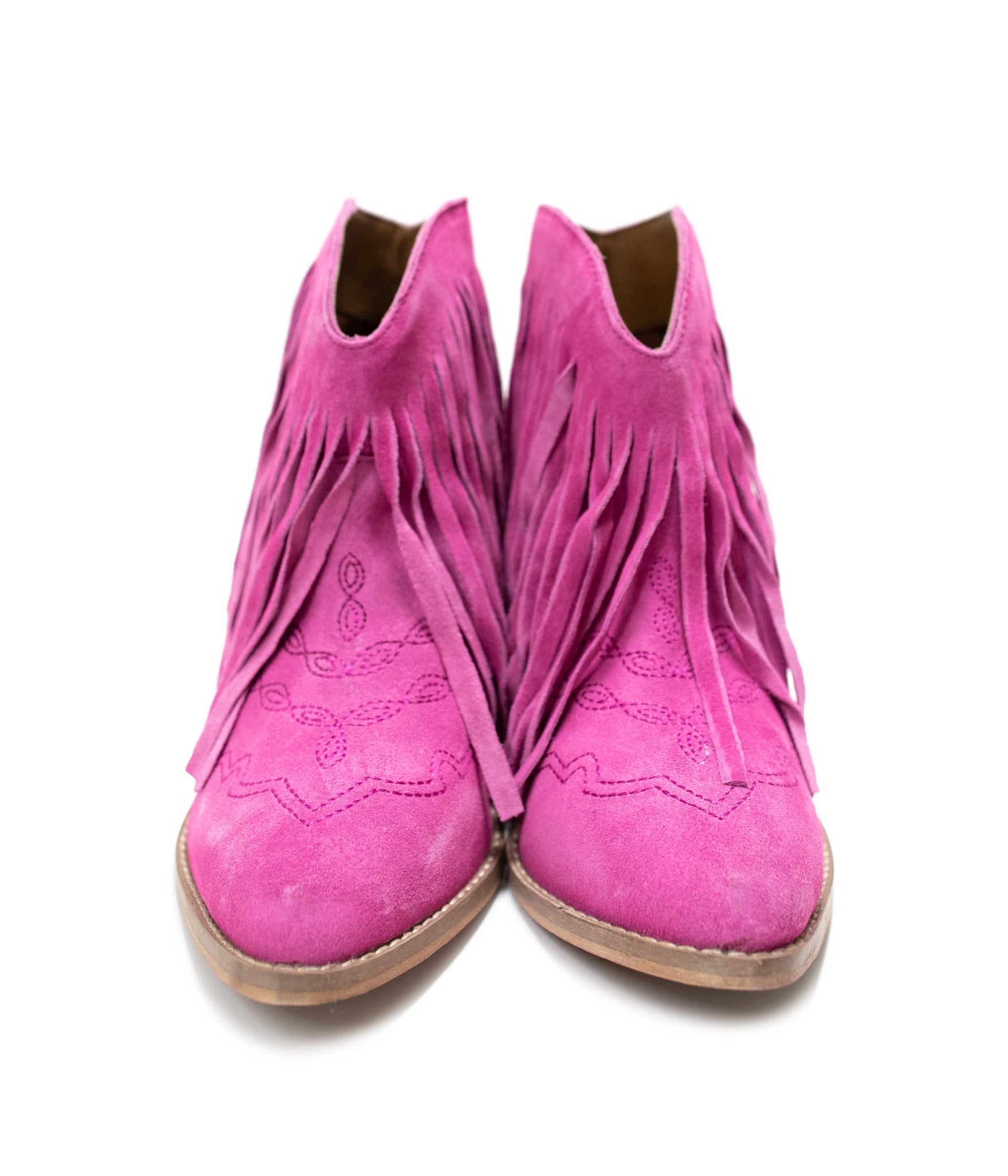 Amos Fringe Ankle Bootie in Magenta Suede - Charming Charlie