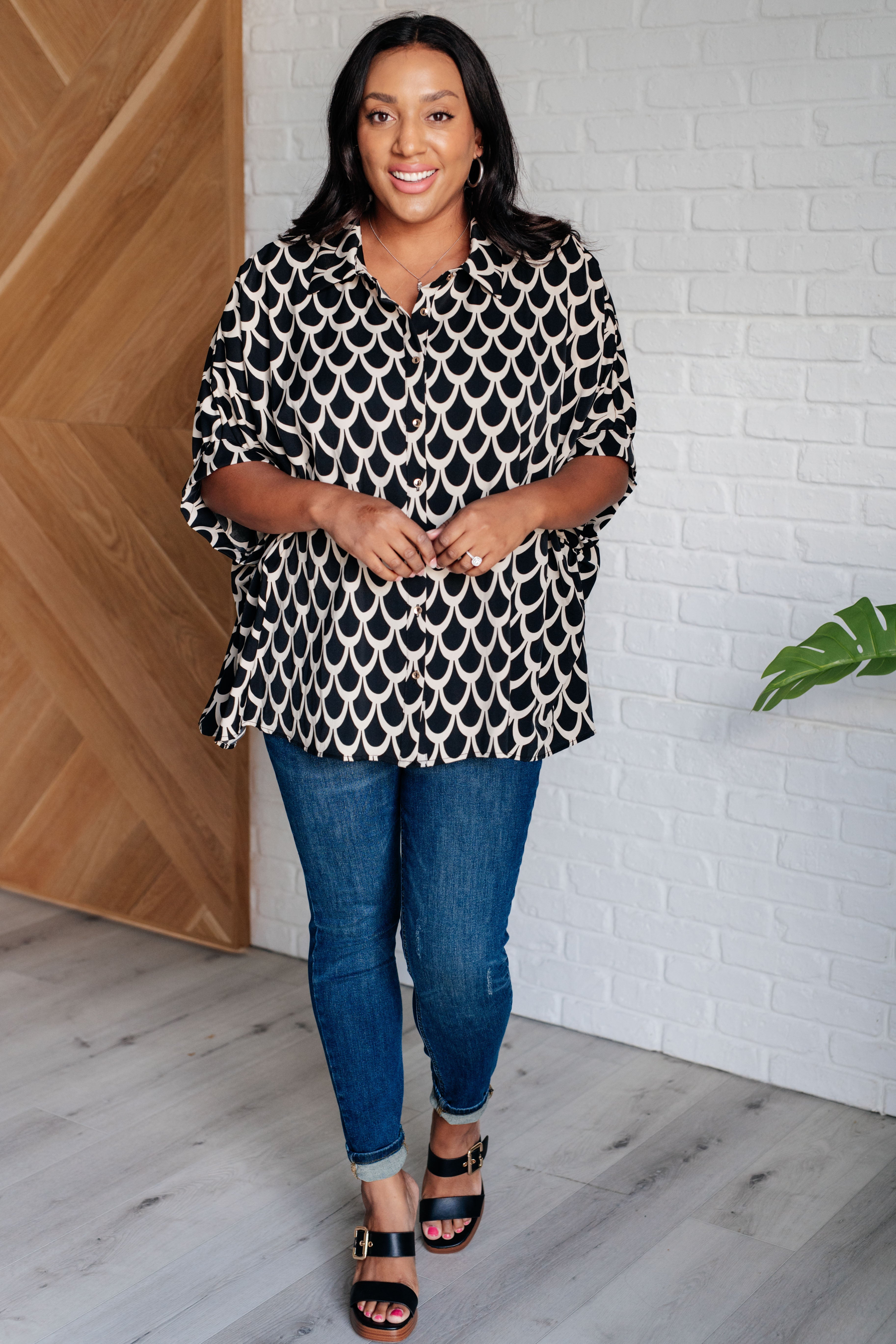 Art Deco Button Up Blouse - Charming Charlie
